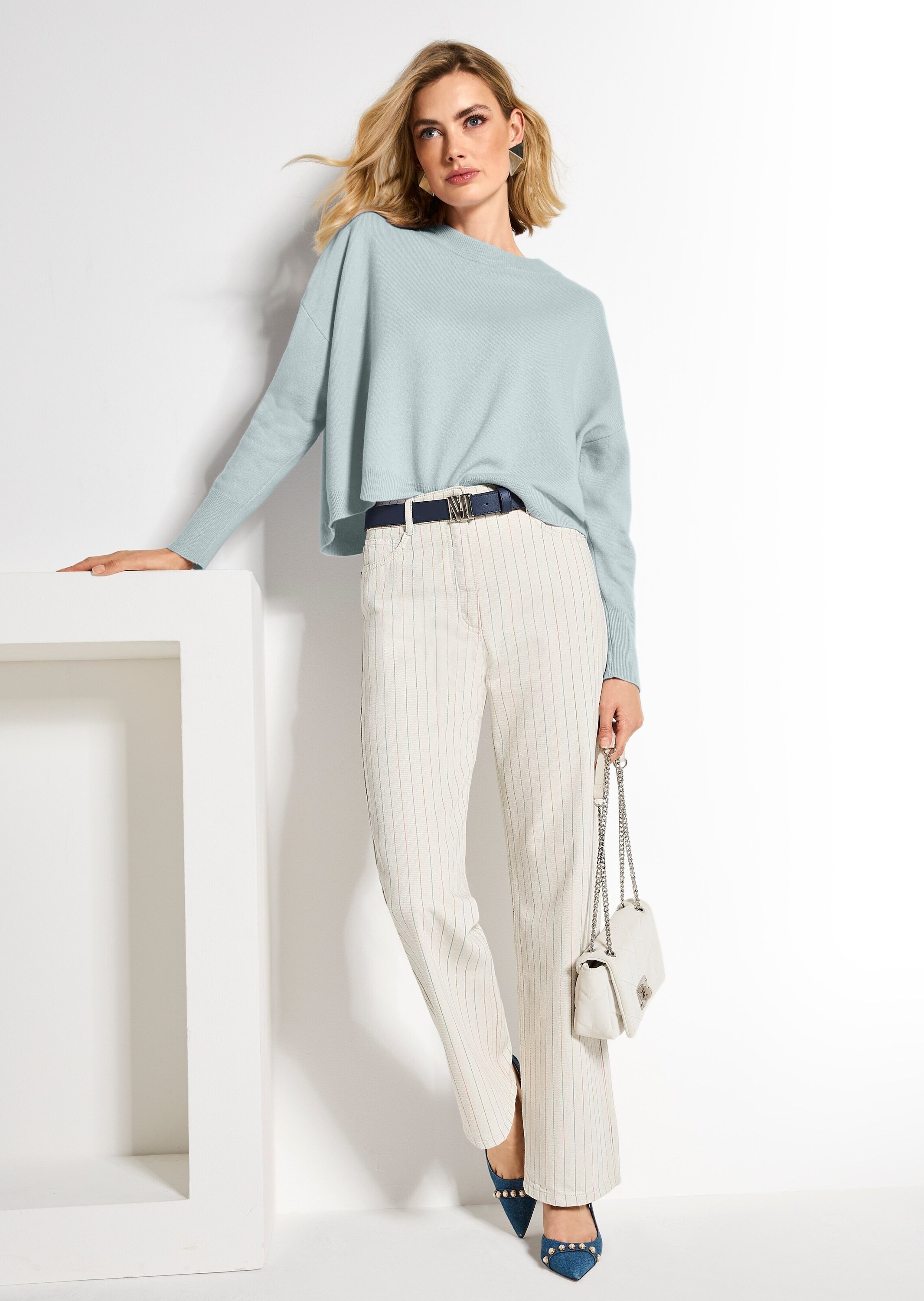 Regular-fit-Jeans MADELEINE "Jeans Nadelstreifenhose mit weitem Bein", Damen, Gr. 36, N + K Gr, weiß (wollweiß, multicolor), Obermaterial: 98% Baumwolle CO. 2% Elasthan EL., Jeans 3