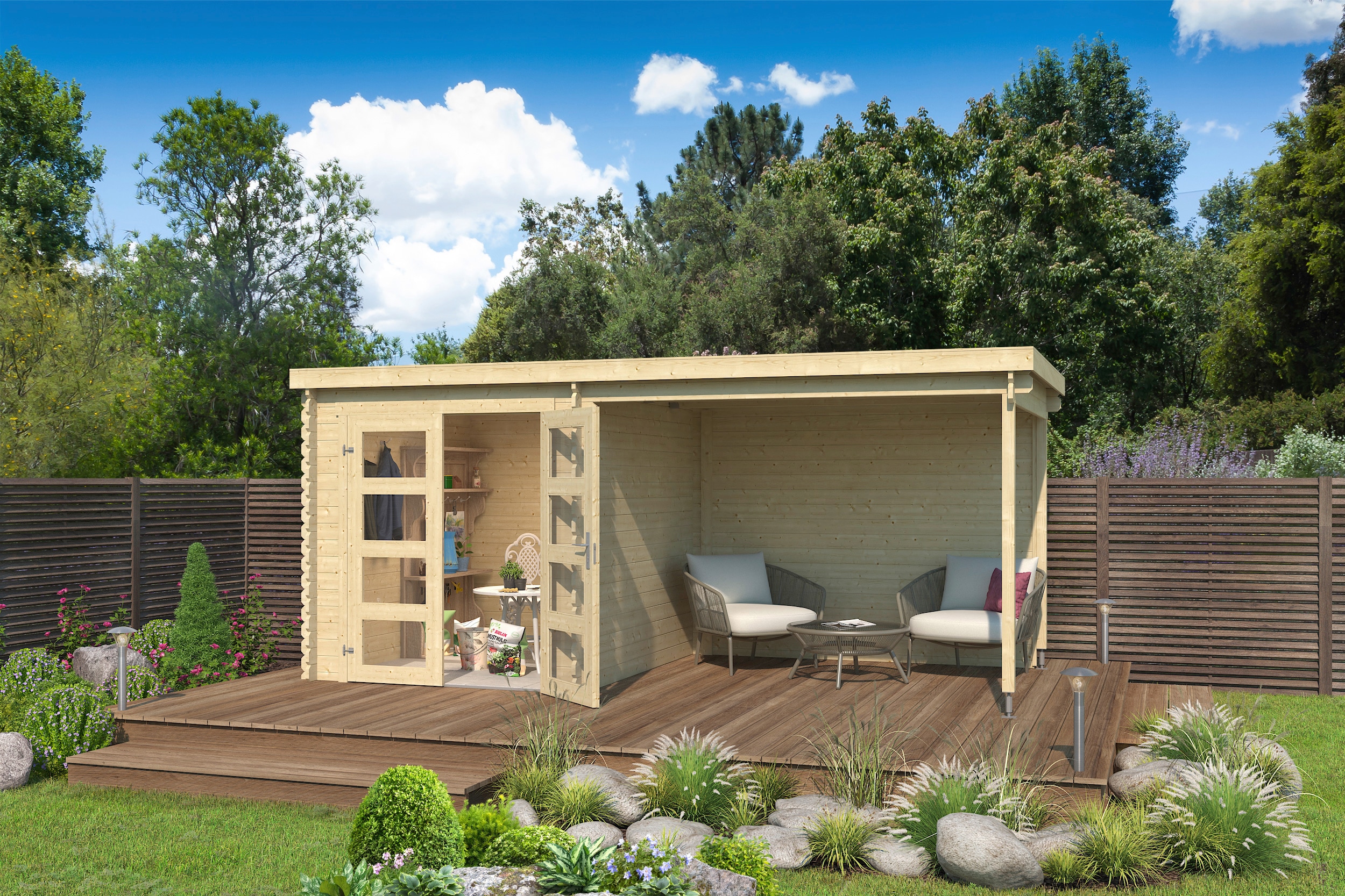LASITA MAJA Gartenhaus "Long Beach" Blockbohlenhaus 28mm mit Anbau