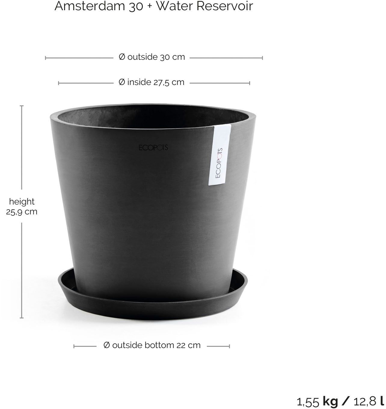 ECOPOTS Blumentopf »AMSTERDAM Dark Grey« BxTxH: 30x30x26 cm, mit Wasserreservoir