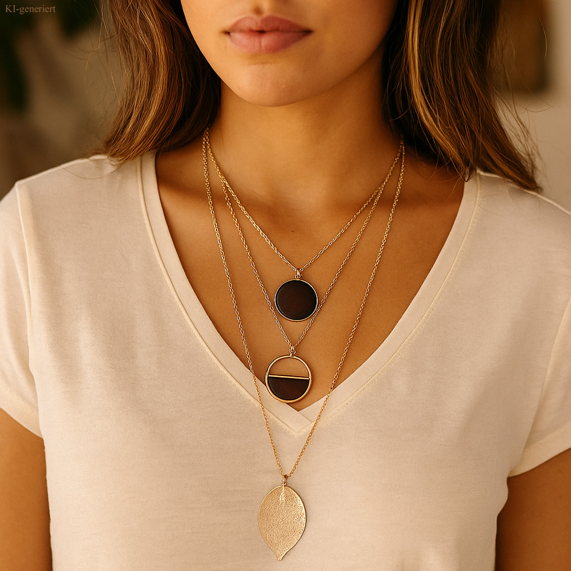 Steuer Kette mit Anhänger »3-reihig Metall Blatt glanz vergoldet Holz braun«