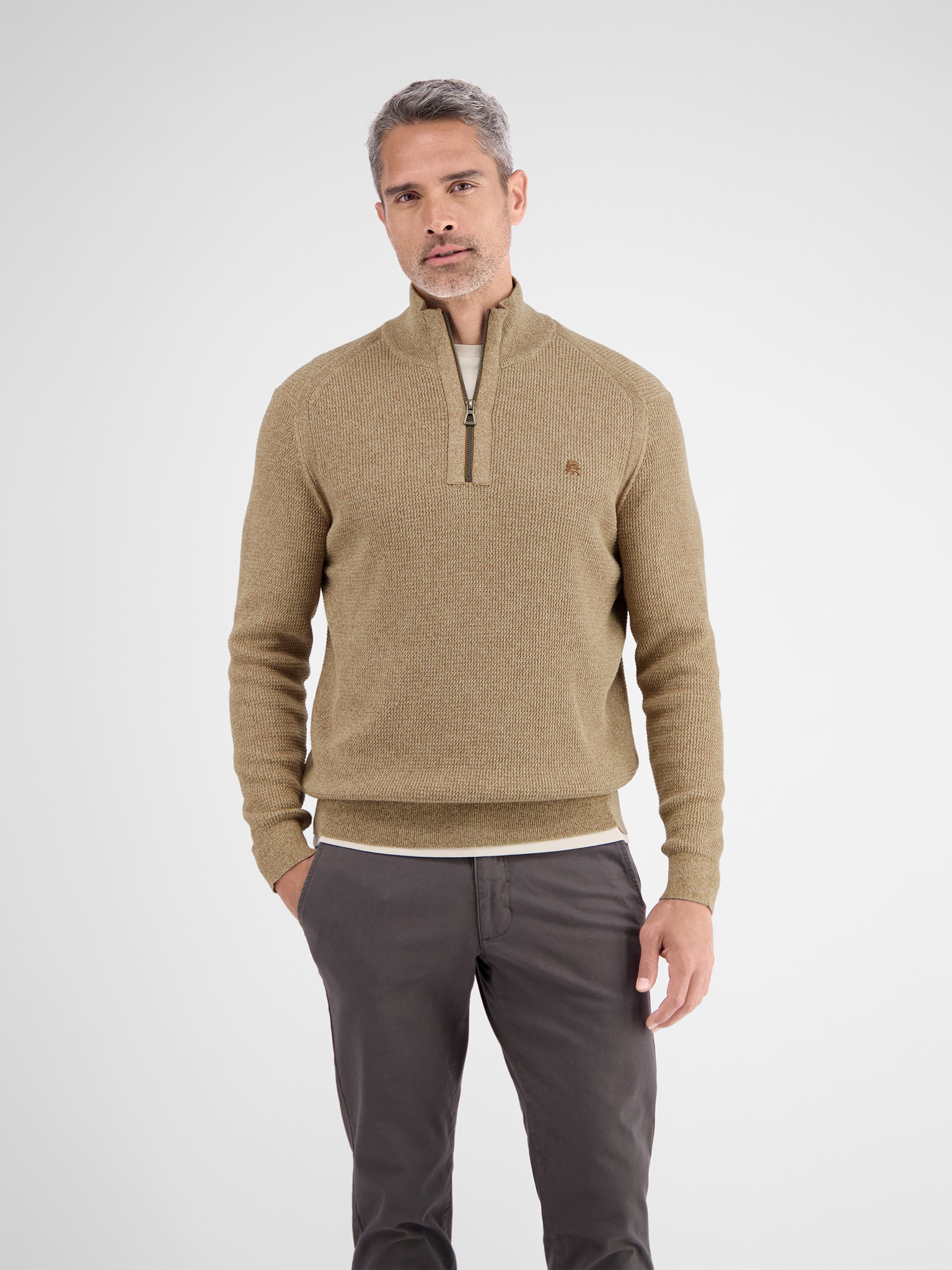 LERROS Herren Strickpulloverlight coffee, Gr. L, unifarben, Strick, Obermaterial: 100% Baumwolle, Pullover, mit Troyer-Reißverschluss, Stehkragen