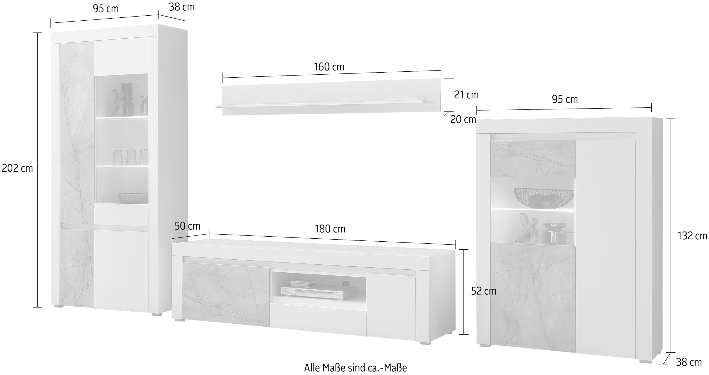 Home affaire Wohnwand »Stone Marble«, (4 St.), bestehend aus vier Möbelstücken, in grifflosen Design, Breite 390 cm