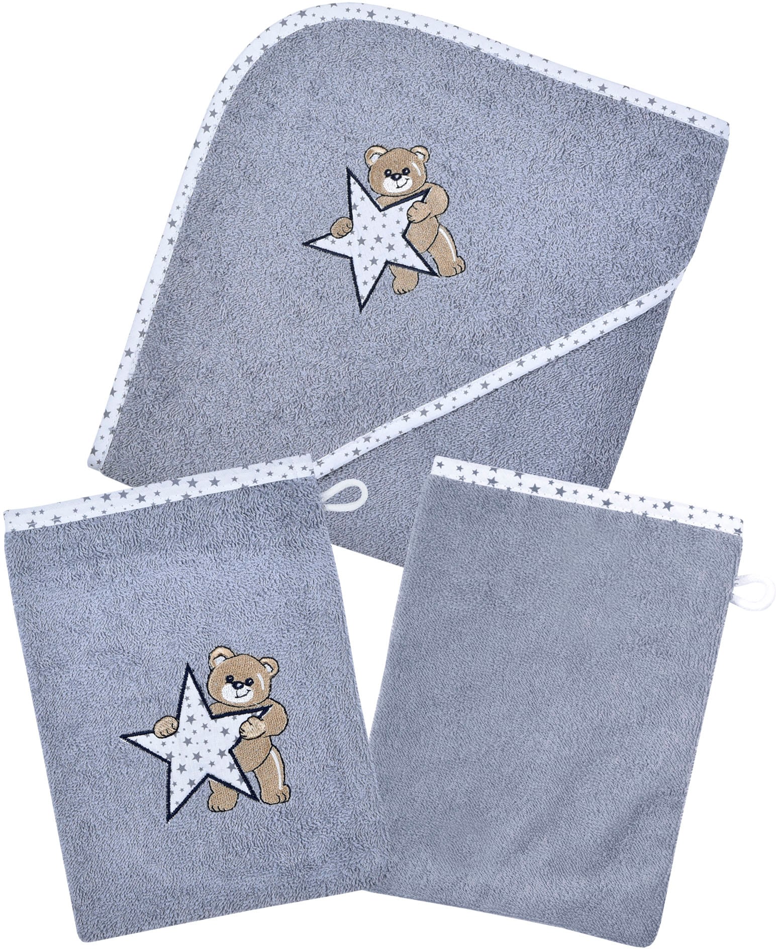 Handtuch Set WÖRNER, grau, Frottier, Obermaterial: 100% Baumwolle, Handtücher, "Teddy/Stern Kapuzenbadetuch mit 2 Waschhandschuhen", mit süßer