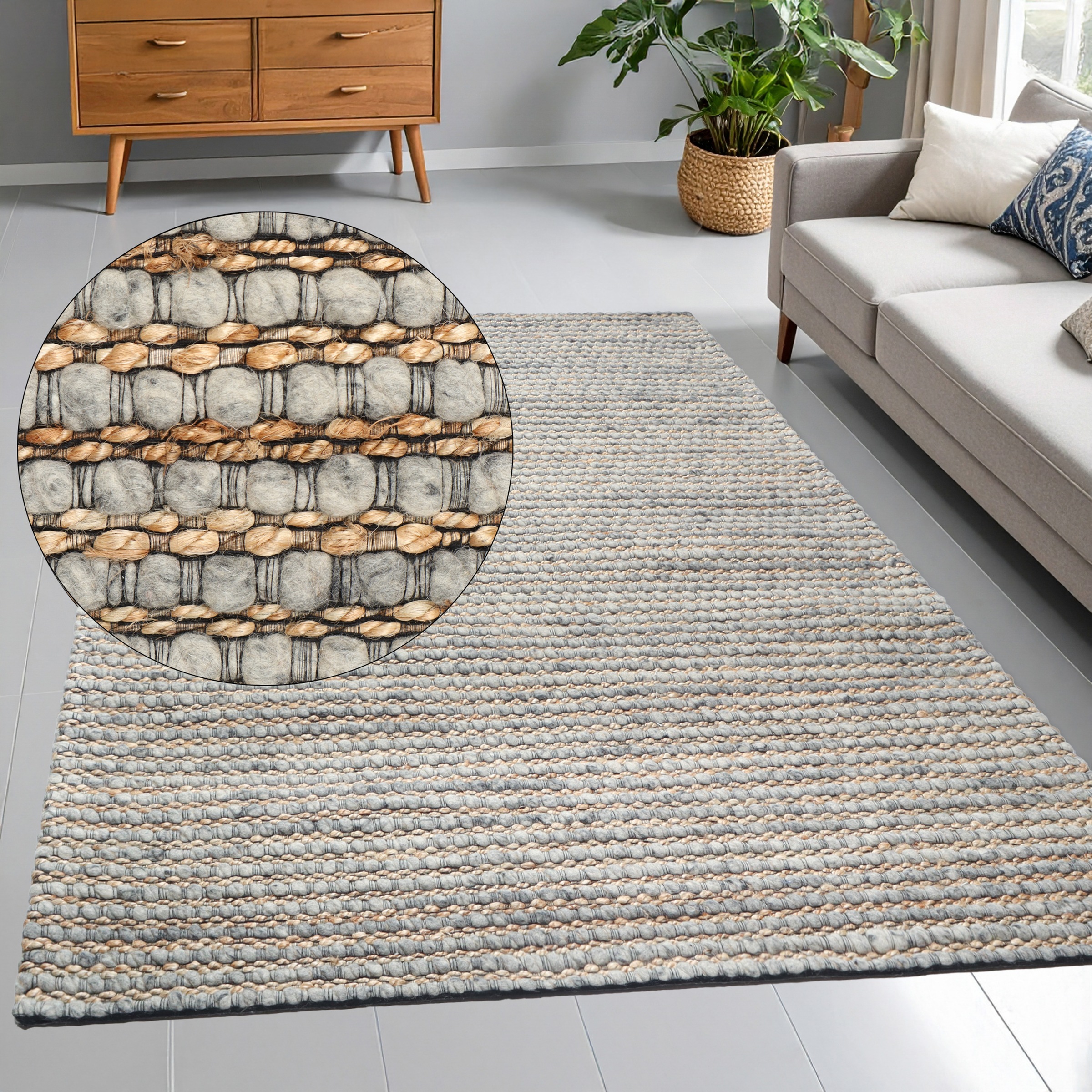 Wollteppich OTTO HOME "Leevy, Wolle und Jute, handgewebt, Handweb Teppiche" Gr. 8, grau, B:300cm H:25mm L:400cm, Jute, Wolle, Teppiche, schöne Streifenoptik, Wohnzimmer, Schlafzimmer, Esszimmer