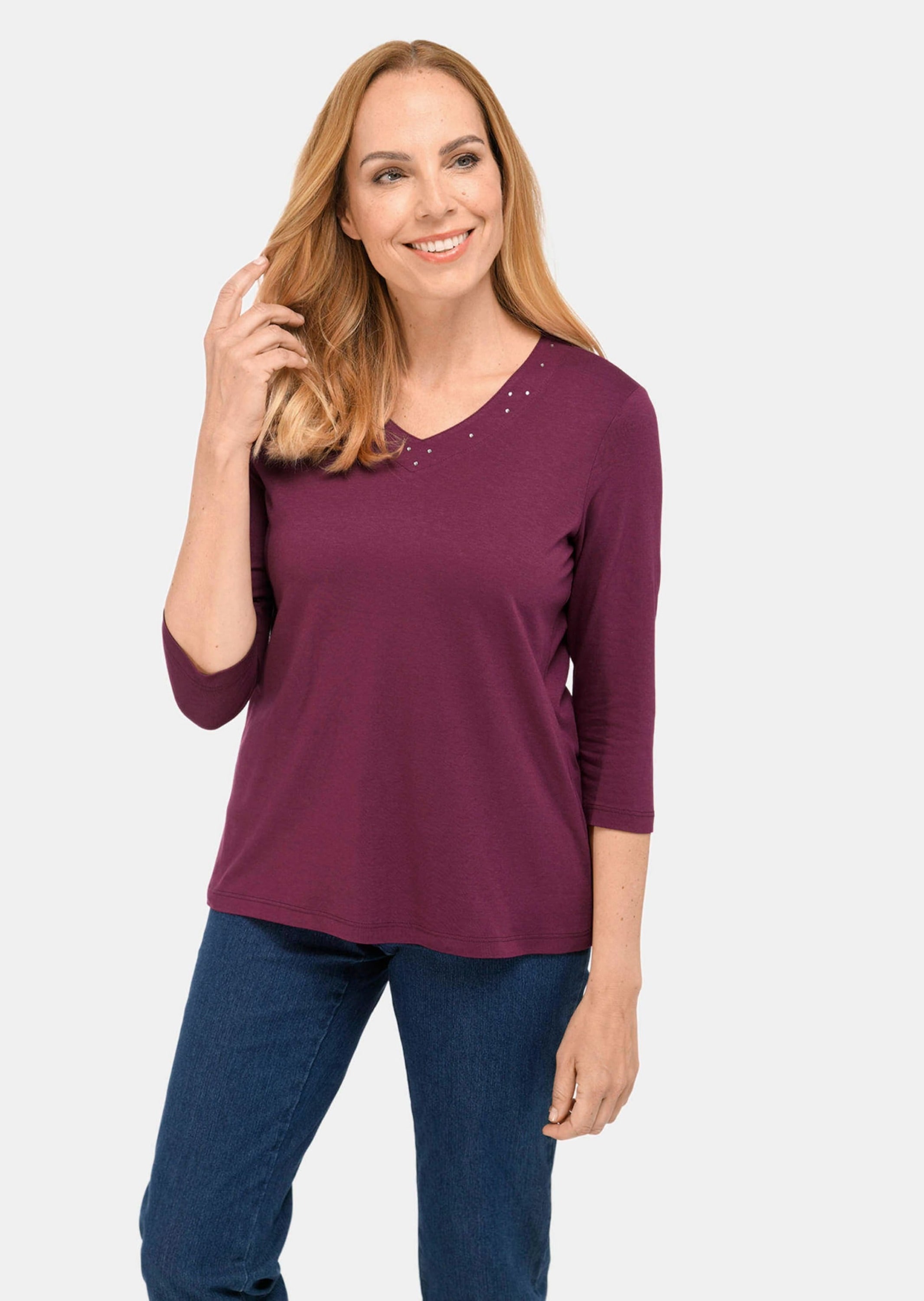 GOLDNER 3/4-Arm-Shirt »T-Shirt mit charmantem Ausschnitt und Schmucksteinchen«