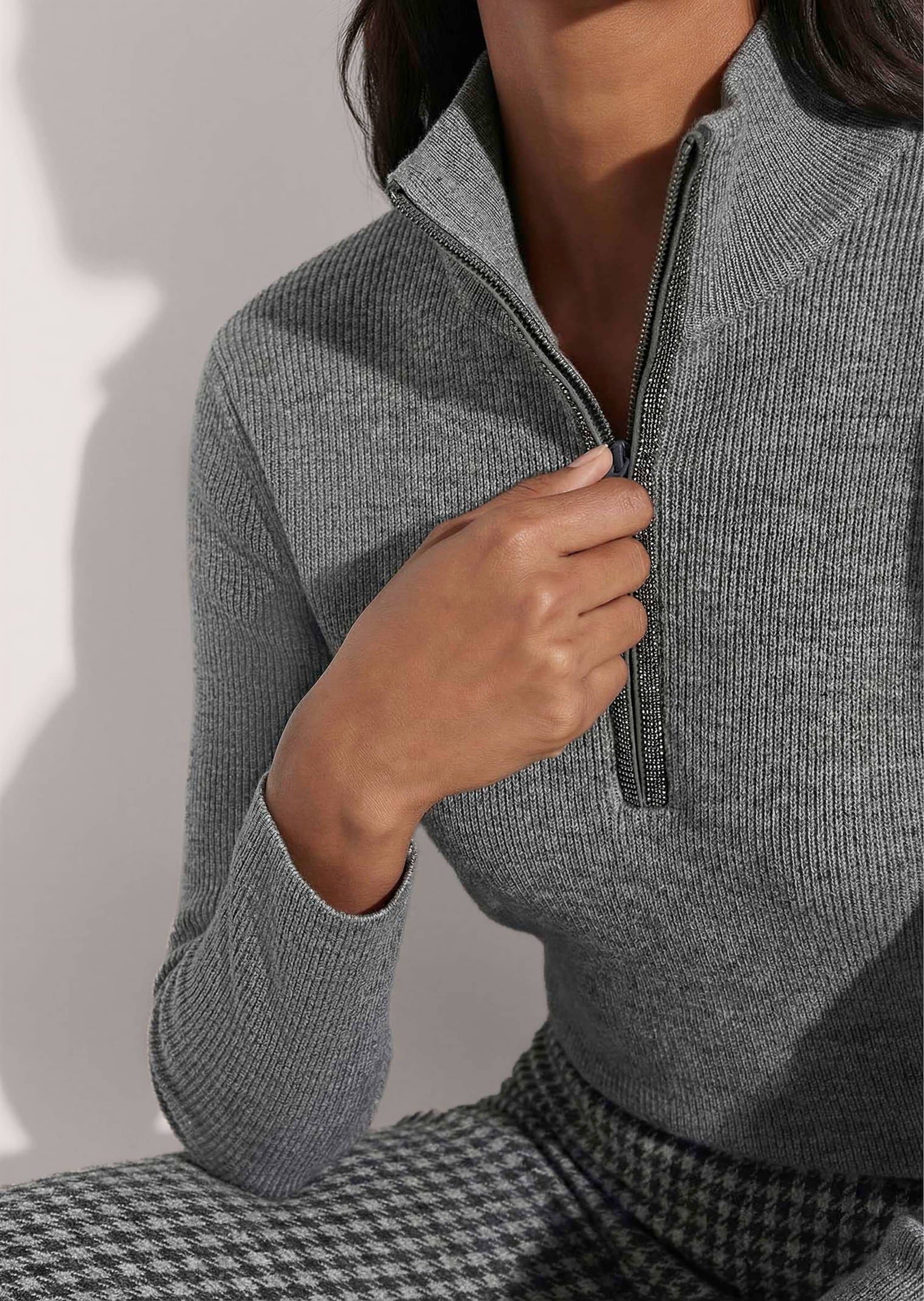 MADELEINE Longpullover »Pullover Troyer mit Stehkragen und Zipper«