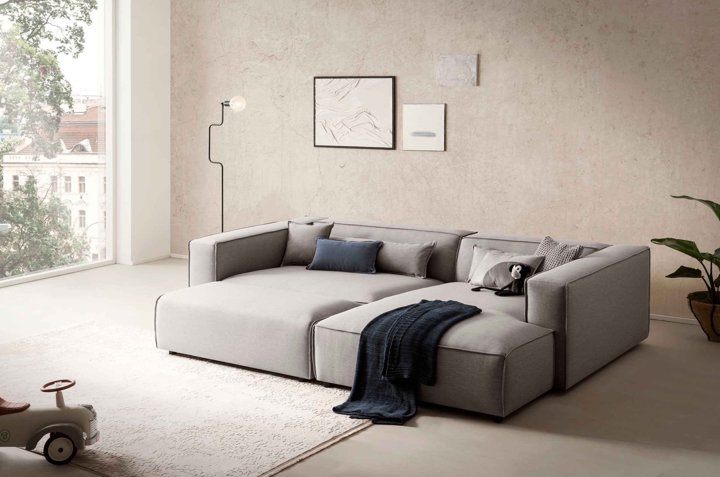 LeGer Home by Lena Gercke Polsterecke »PIARA XXL, L-Form mit Schlaffunktion, Big-Sofa in Cord o. Leinenoptik«, Hocker stellbar zum Schlafsofa (Krokodilverbinder), tiefe Sitzfläche