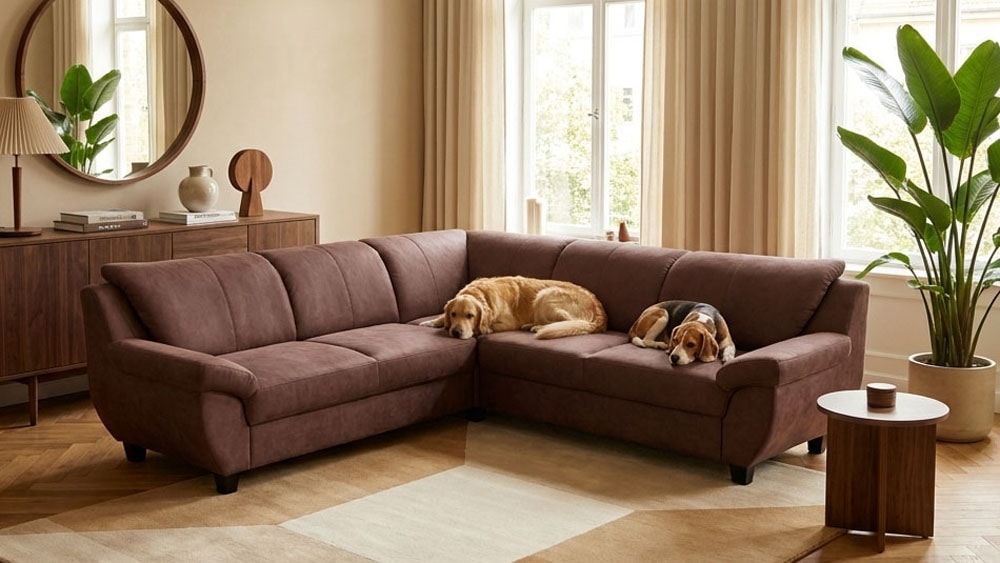 OTTO home "Sillkeborg 251 x 251 cm, formschönes Sofa mit dunklen Füßen" mit Schlaffunktion, L-Form, aus Pet Friendly Bezug