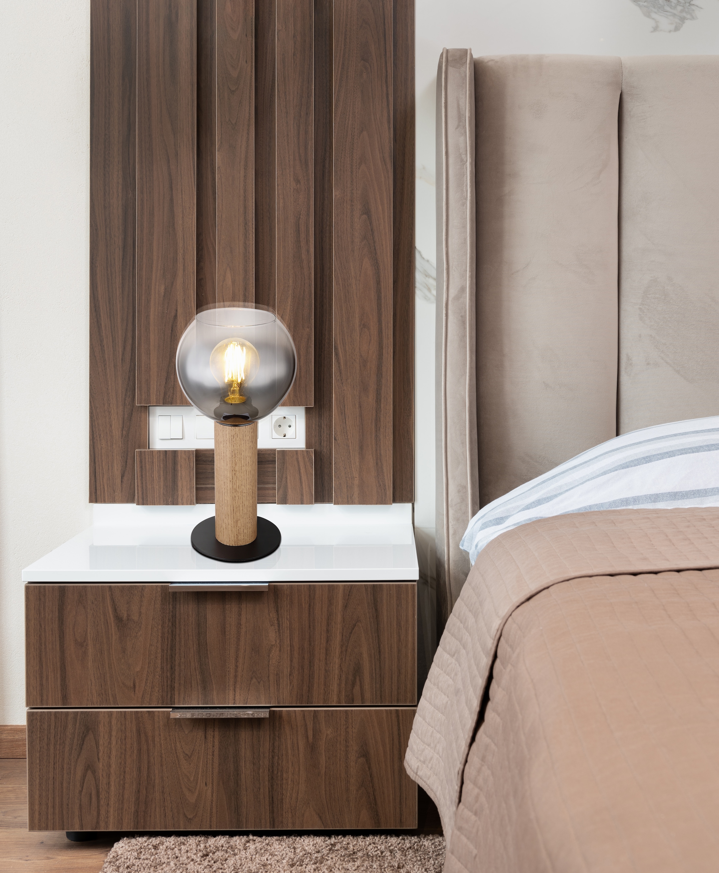 GLOBO LIGHTING Tischleuchte »MOITAS«, Leuchtmittel E27 | ohne Leuchtmittel, Tischlampe/Holz/Glas rauchfarben/Wohnzimmer/Schlafzimmer