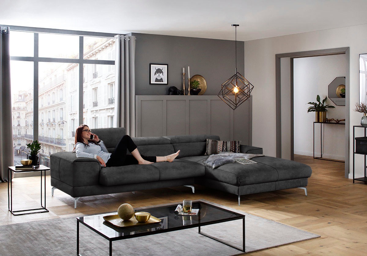 Ecksofa W.SCHILLIG "piedroo, Designsofa mit tollem Sitzkomfort, bequem und elegant, L-Form", grau (anthrazit s37), B:303cm H:70cm T:193cm, Stoff S37 (100% Polyester): Luxus-Microfaser in Lederoptik, Sofas, Ecksofa, Kopfteilverstellung, wahlweise mit Sitzt 2