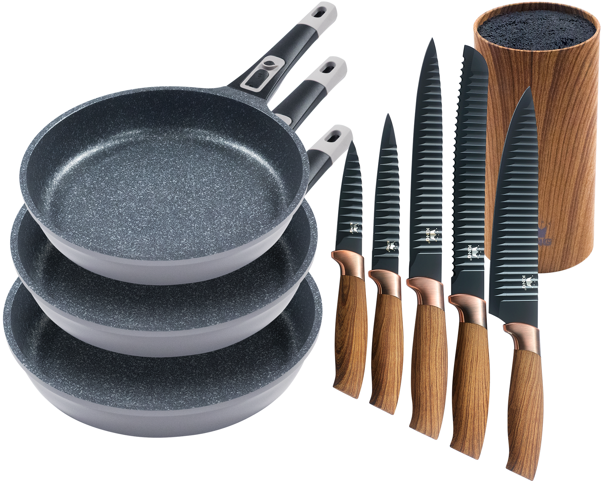 KING Pfannen-Set ""Moonscape 3er", inkl. Messer-Set und Messerblock" Aluminiumguss Set, 3 Pfannen, 5 Küchenmesser, 1 Messerblock, 9 Stk. tlg. Induktion, abnehmbarer Griff, MOONSCAPE-Beschichtung