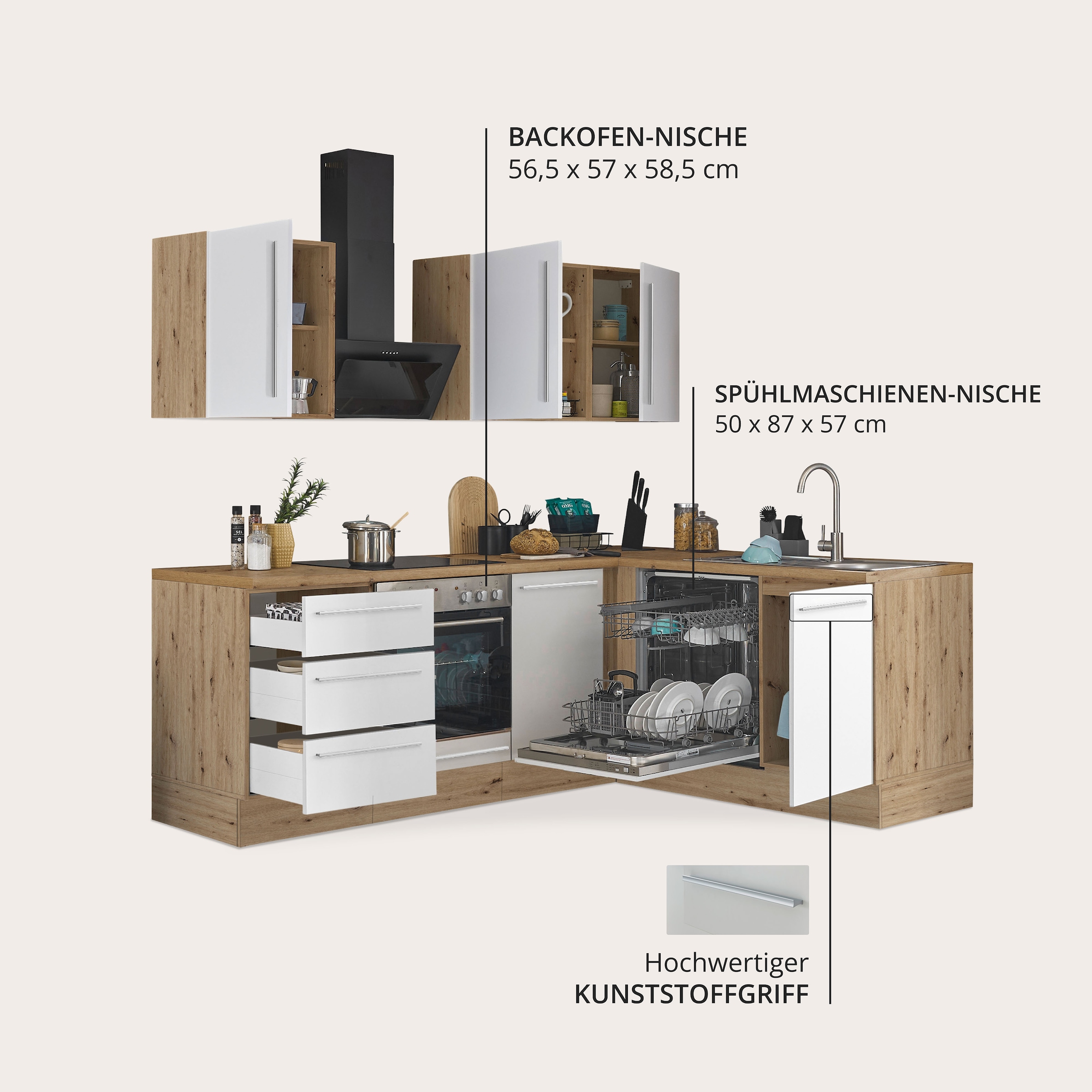 KOCHSTATION Winkelküche »Florida, Stellbreite 220x175 cm« wahlweise mit E-Geräten, mit Softclose für Türen und Schubkästen