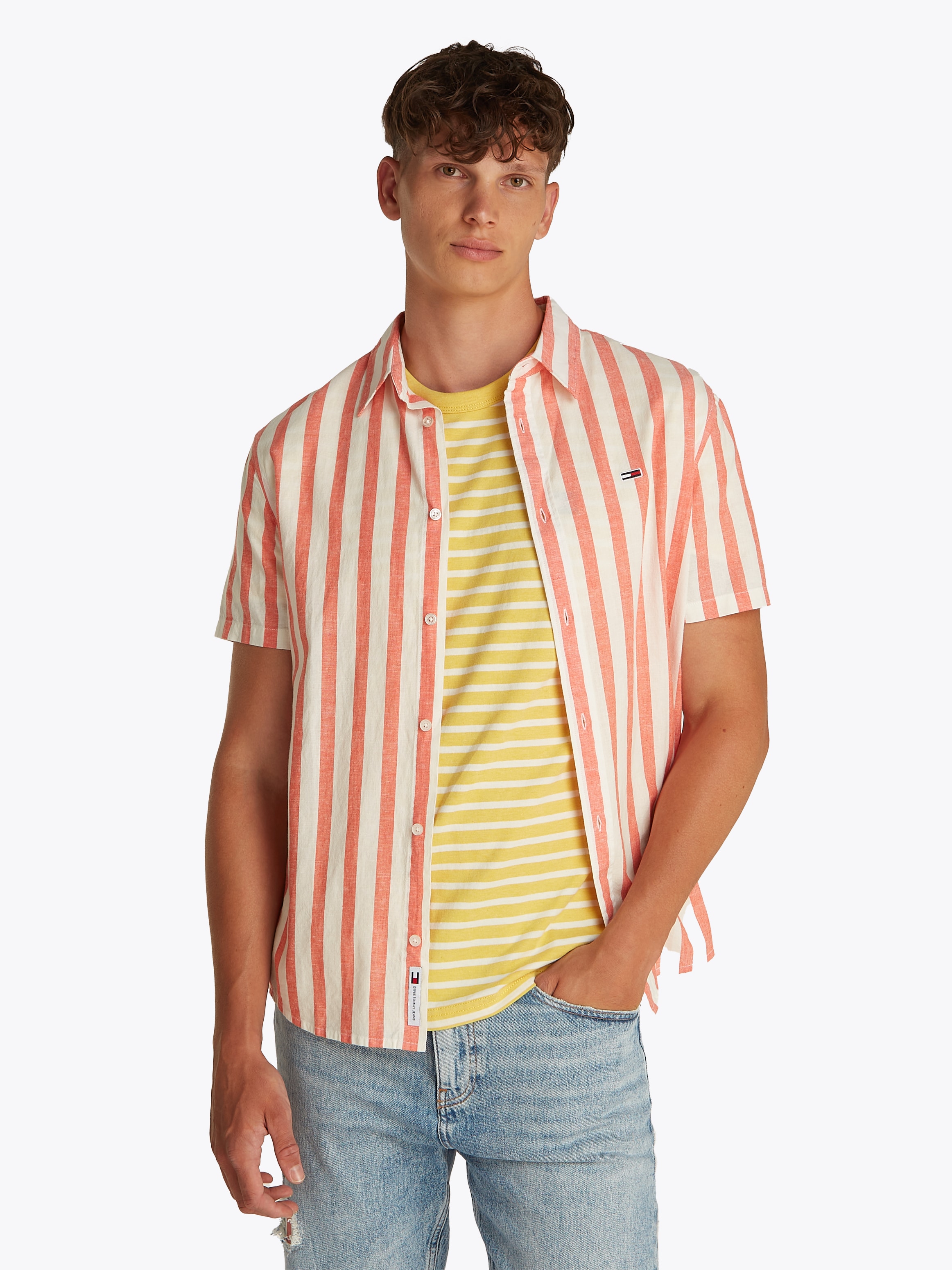 Tommy Jeans Kurzarmhemd "TJM REG LINEN BLEND STP SS SHIRT", Mit Rundhalsaus günstig online kaufen