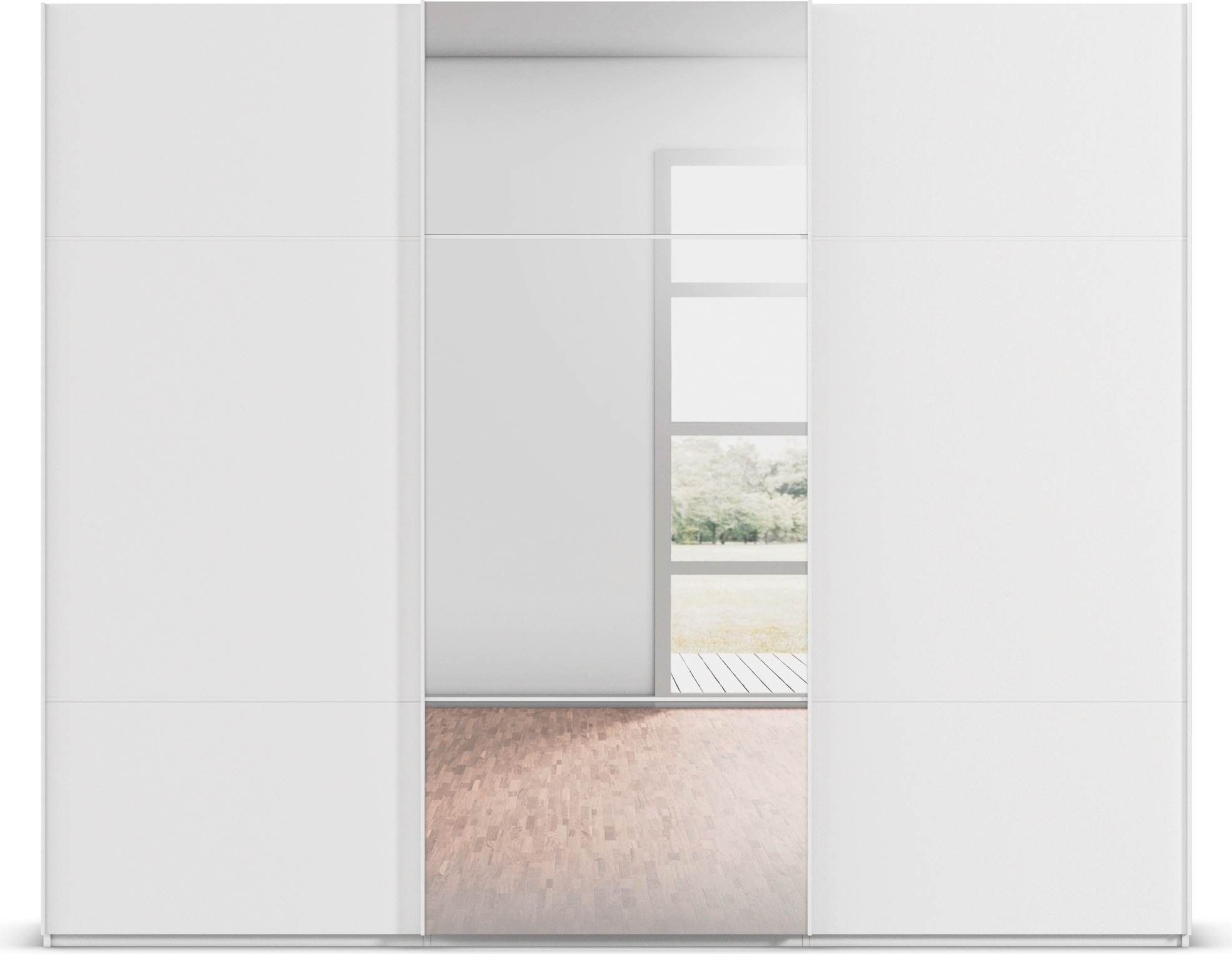 rauch Schwebetürenschrank »Kleiderschrank Schrank Garderobe Schlafzimmerschrank SCALE-TRIO«, edle dreigeteilte Front mit 2 Zierleisten und Spiegel MADE IN GERMANY