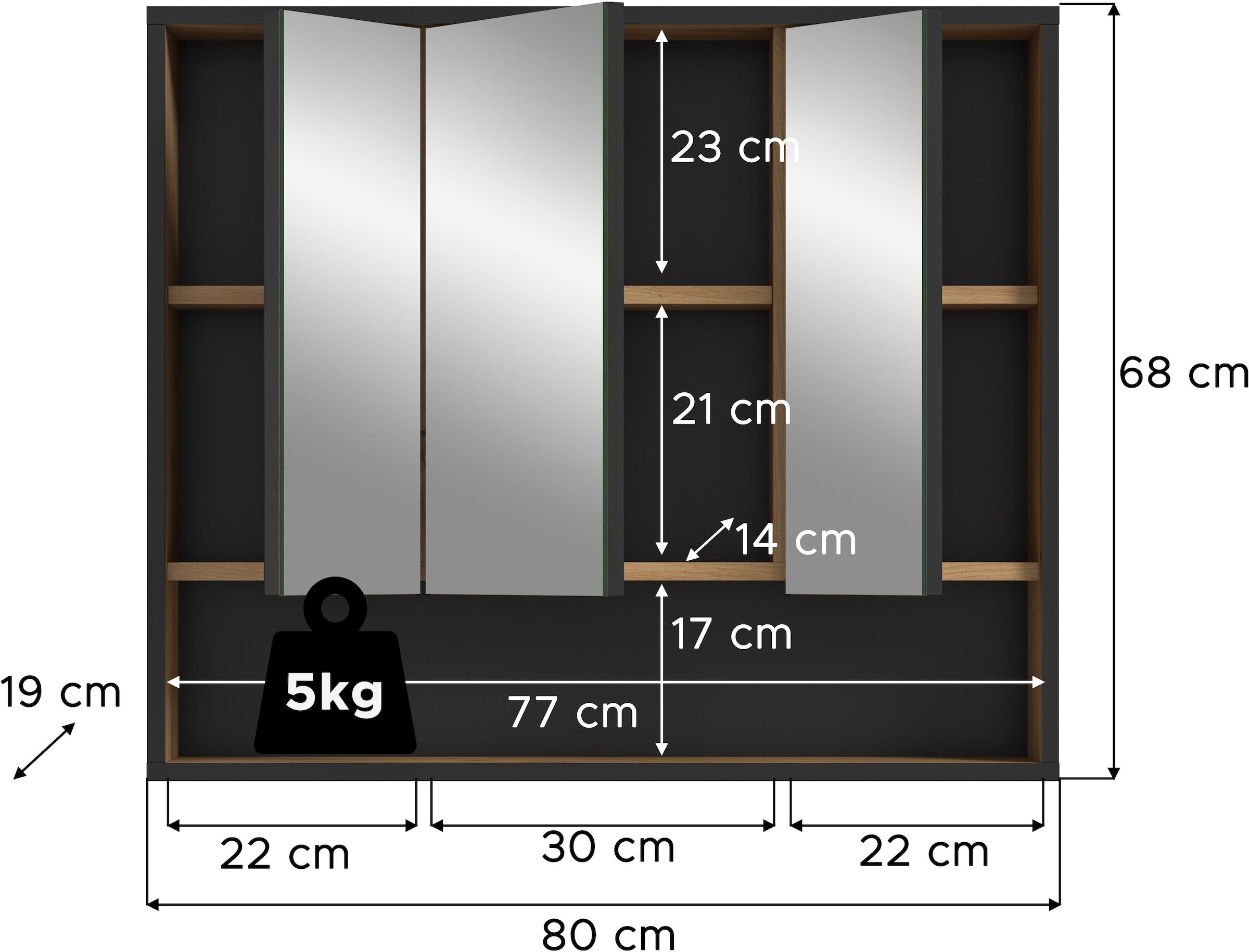 welltime Spiegelschrank »LOCRI, Höhe 68 cm, 3 Spiegeltüren, 3 Einlegeböden, 1 offenes Fach« viel Stauraum, für perfekte Organisation, 1 Stk. tlg. Badmöbel, Badschrank, Badhochschrank, Schrank, Bad, Badezimmer