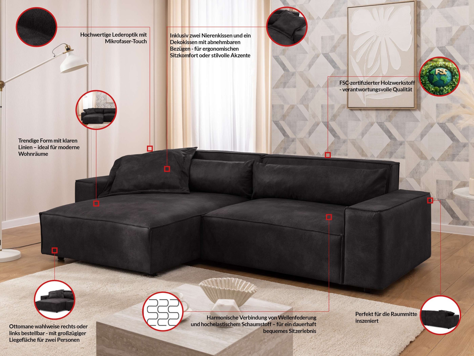 Thumbnail - OTTO home Ecksofa "KINLEE Design-Sofa mit Recamiere rechts/links, Maße B/T/H 251/144/70cm" L-Form mit Wellenunterfederun...