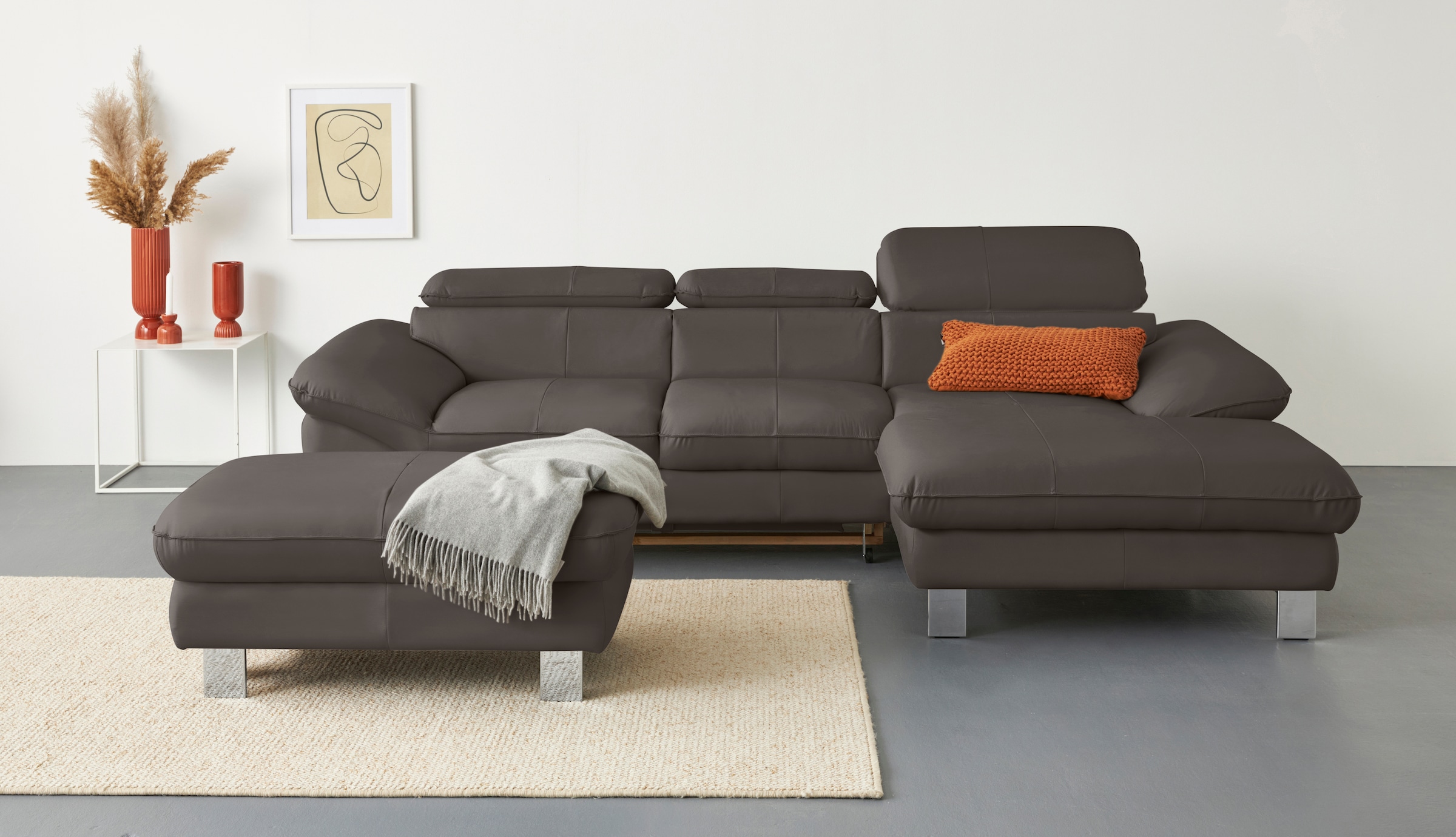 COTTA Ecksofa "Driver L-Form, B: 268 cm, moderne Couch mit Wellenunterfederung, Leder" Kopfteilverstellung, opt. Schlaffunktion + XL Bettkasten, LF:191x129cm