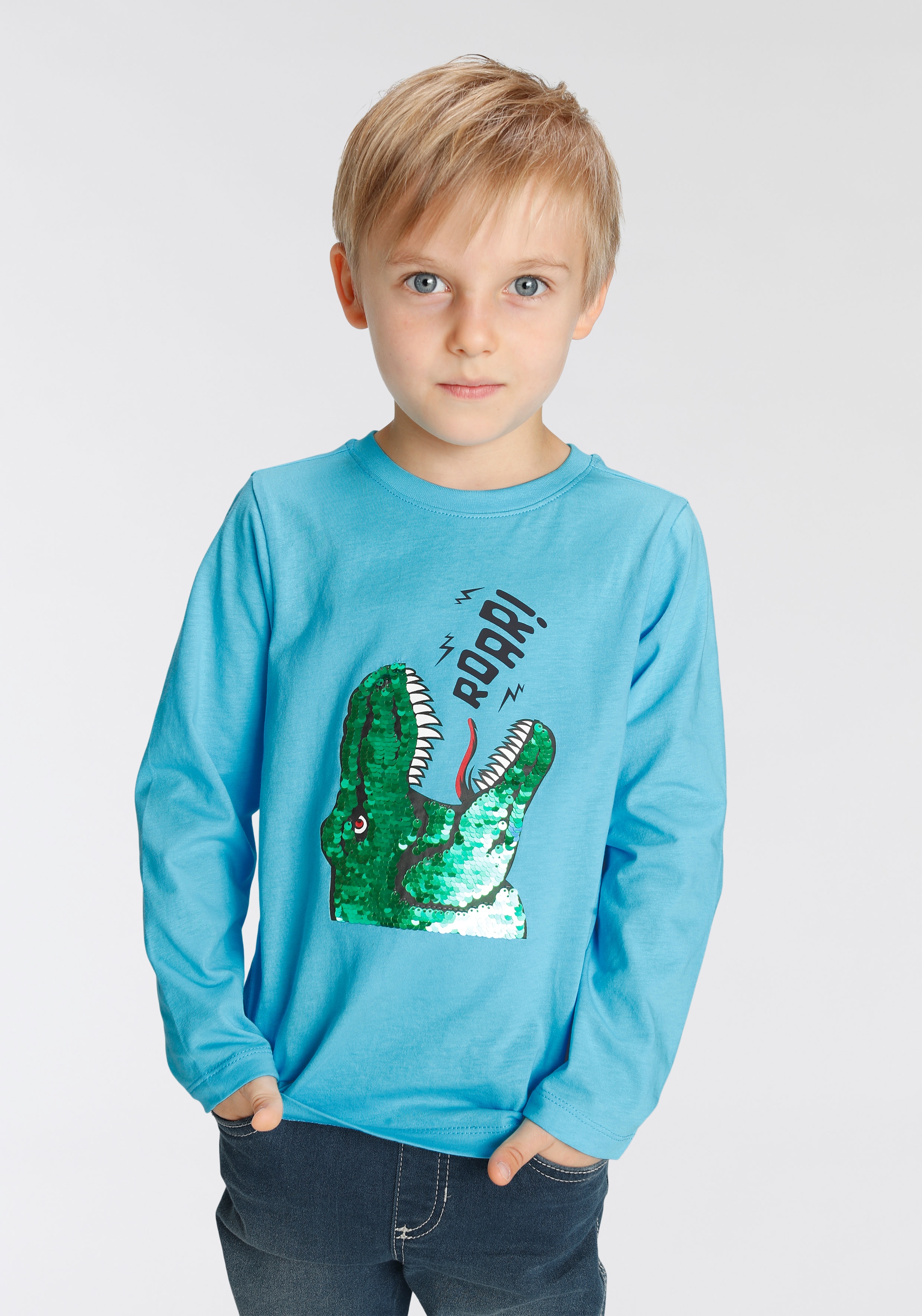 KIDSWORLD Langarmshirt »mit Dino-Motiv aus Wendepailletten«, Dino in  unterschiedlichen Farben | BAUR | Rundhalsshirts