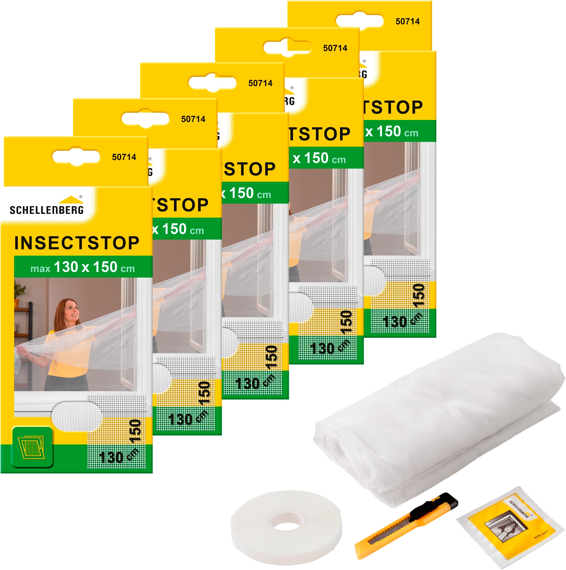 SCHELLENBERG Fliegengitter-Gewebe "für Fenster ohne bohren", B/H: 130cm x 150cm, 5er Pack, weiß, Insektenschutzgitter, Insektenschutz inkl.