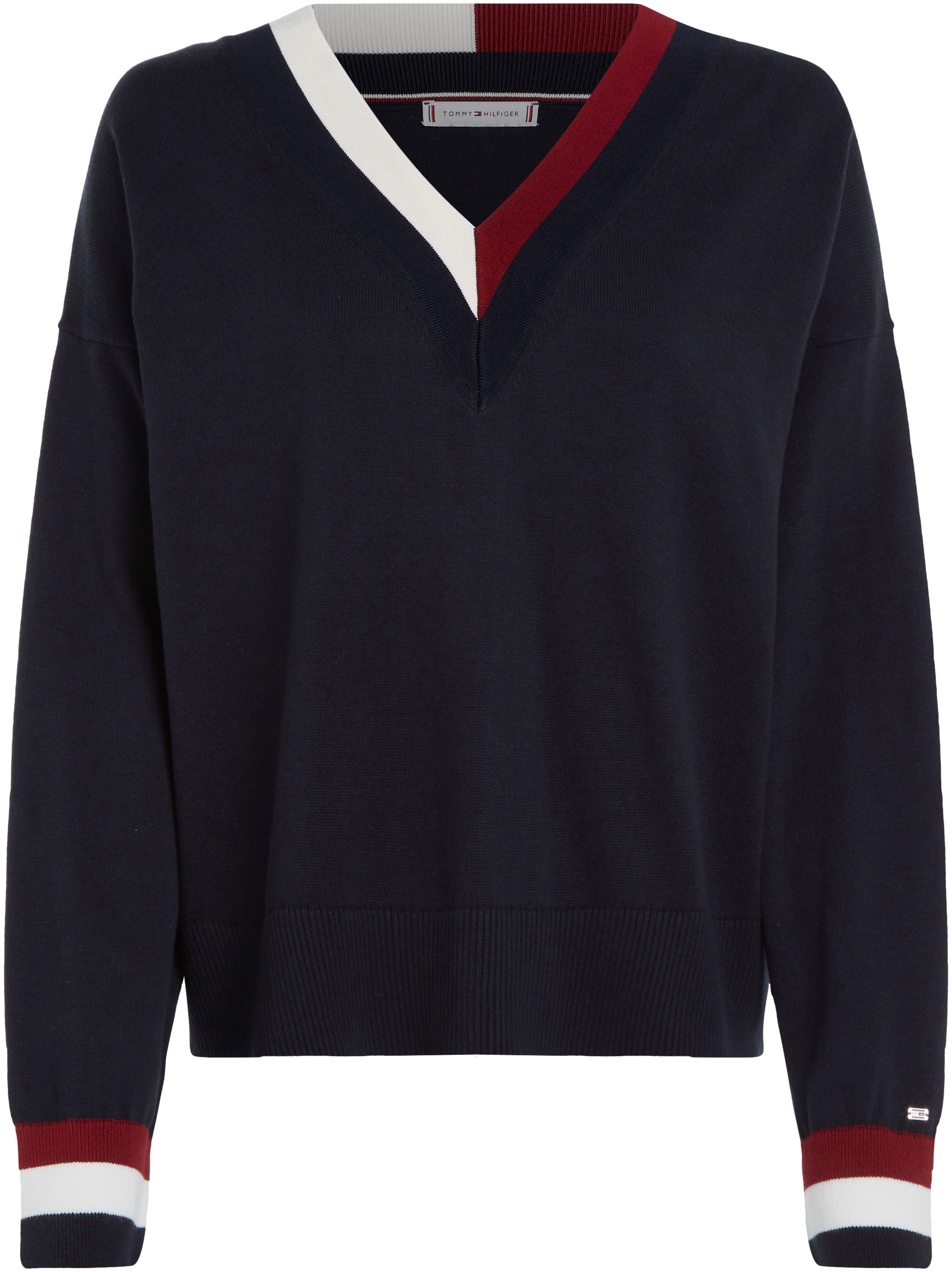 kaufen Global Tommy am V-Ausschnitt-Pullover »GS V-NK BAUR Ausschnitt Ärmelbündchen & Hilfiger | Stripe CO SWEATER«, mit für