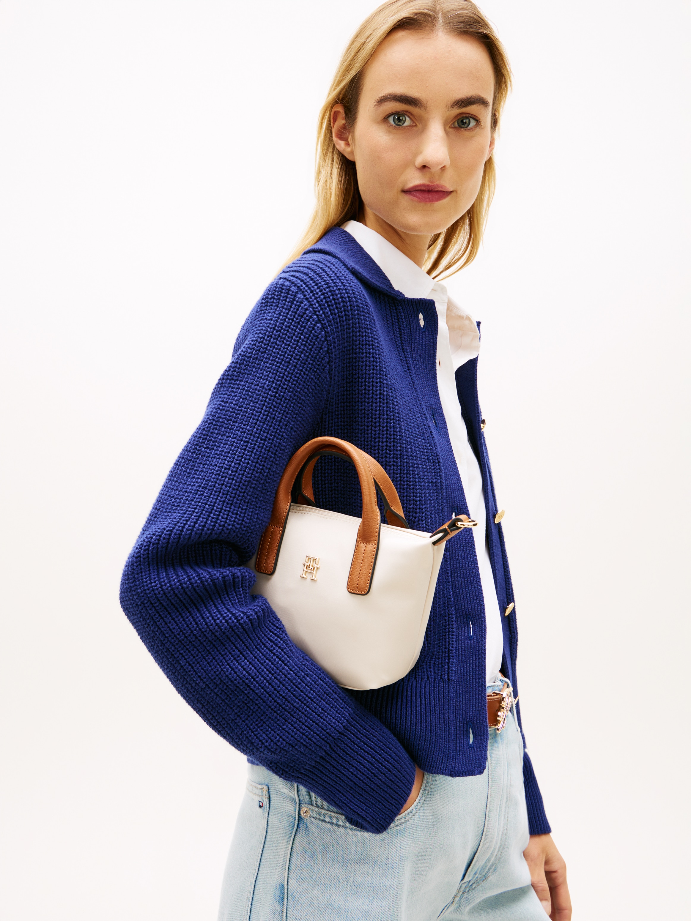 Tommy Hilfiger Tragetasche »POPETTE MICRO TOTE« Damen Schultertasche, Handtasche mit kontrastfarbigen Tragegriffen