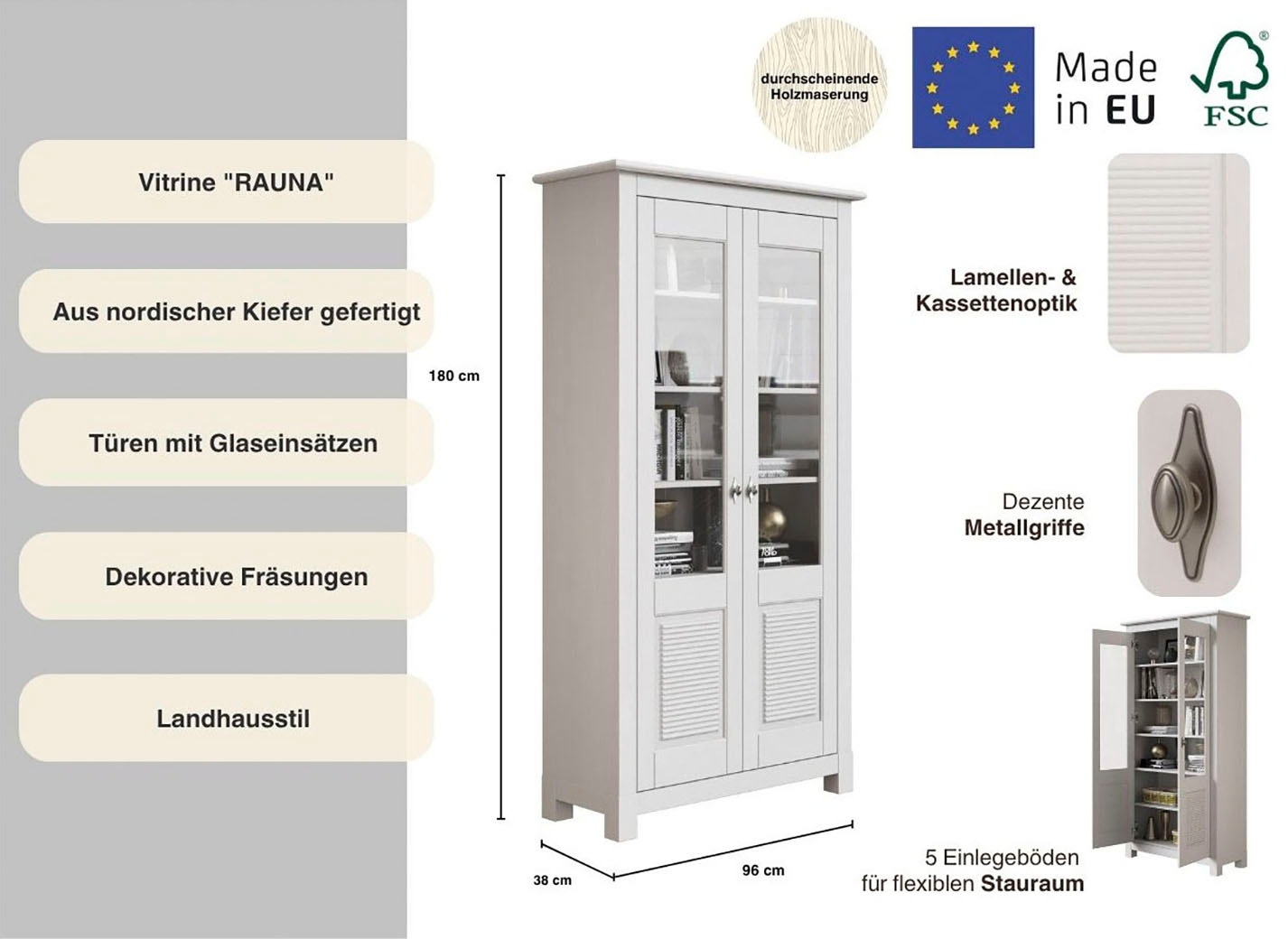 Thumbnail - Home affaire Vitrine "Rauna", Aus massiver Kiefer, Türen mit Glaseinsätzen