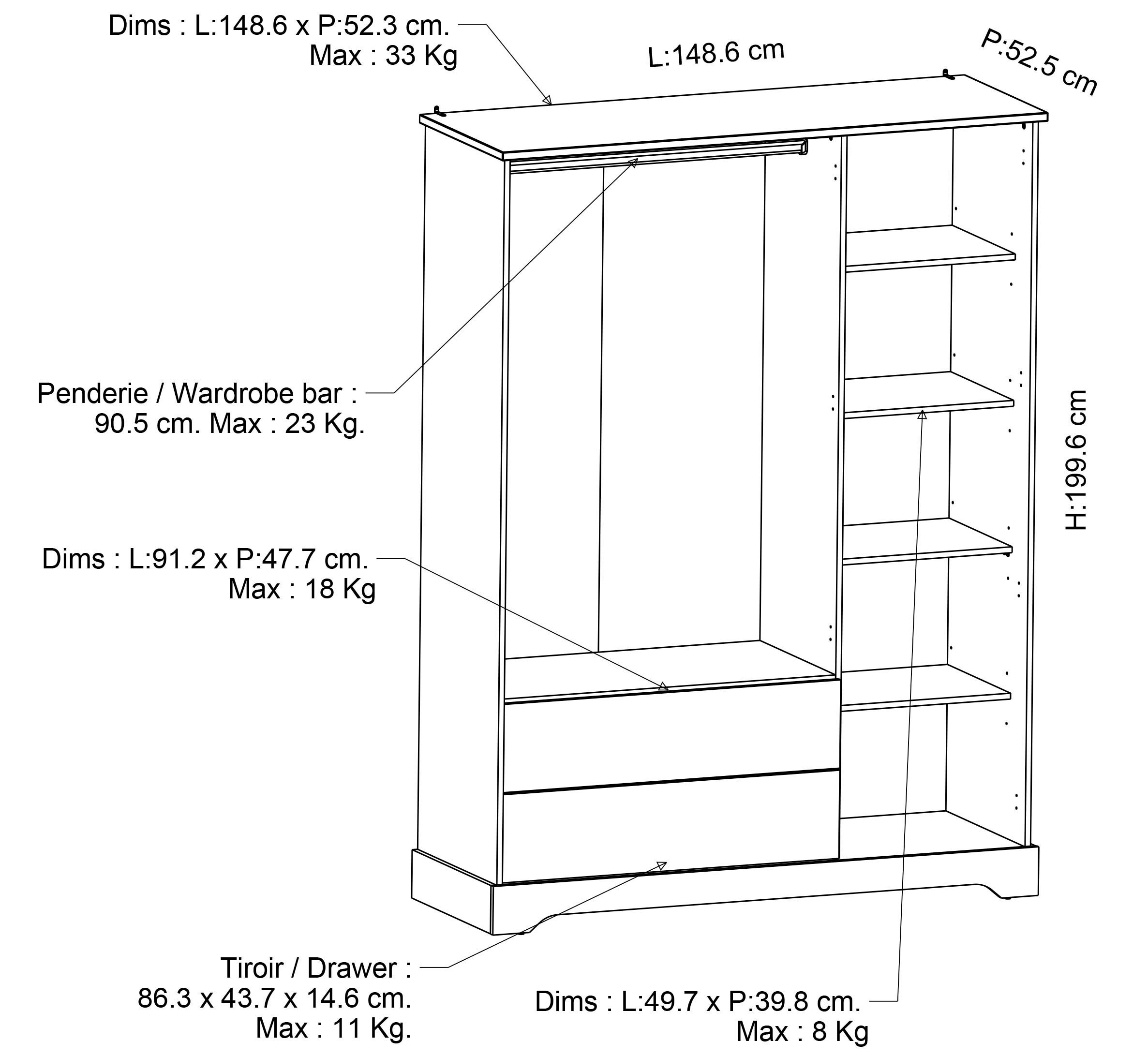 Demeyere GROUP Drehtürenschrank »Kinderkleiderschrank,Kleiderschrank,mit Spiegel,3 Türen,2 Schubladen«, Breite ca. 150cm, Höhe ca. 200cm, komplett mit Innenausstattung