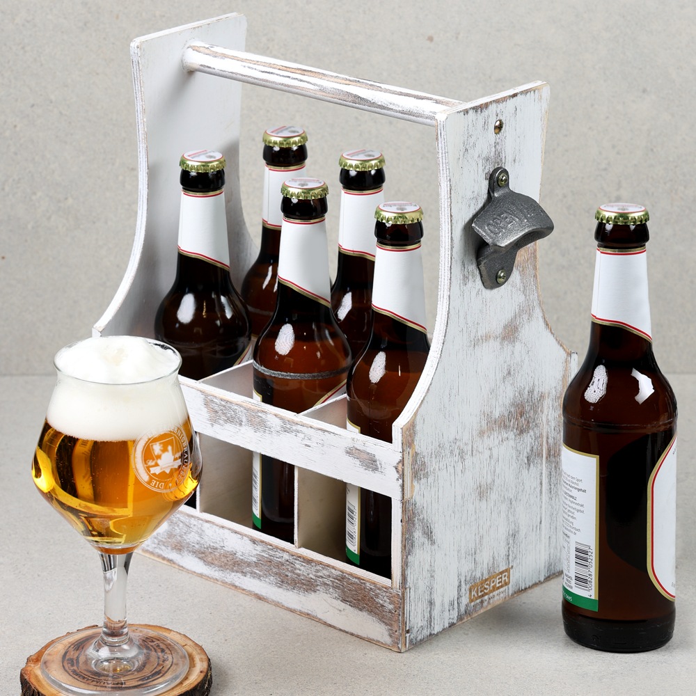KESPER® Flaschenträger »Antik, aus Sperrholz, FSC«, (1 St.), für bis zu 6 Flaschen, Träger mit Flaschenöffner