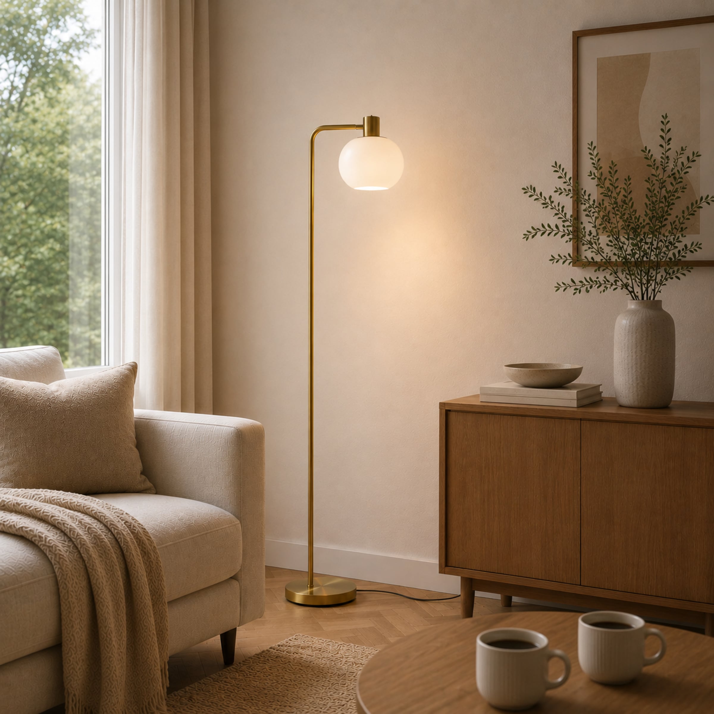 Brilliant Stehlampe »Fanny« E27 1 Stk. 160 x 23 x 32 cm, Glasschirm, 1x E27 Fassung, weiß, messingfarben