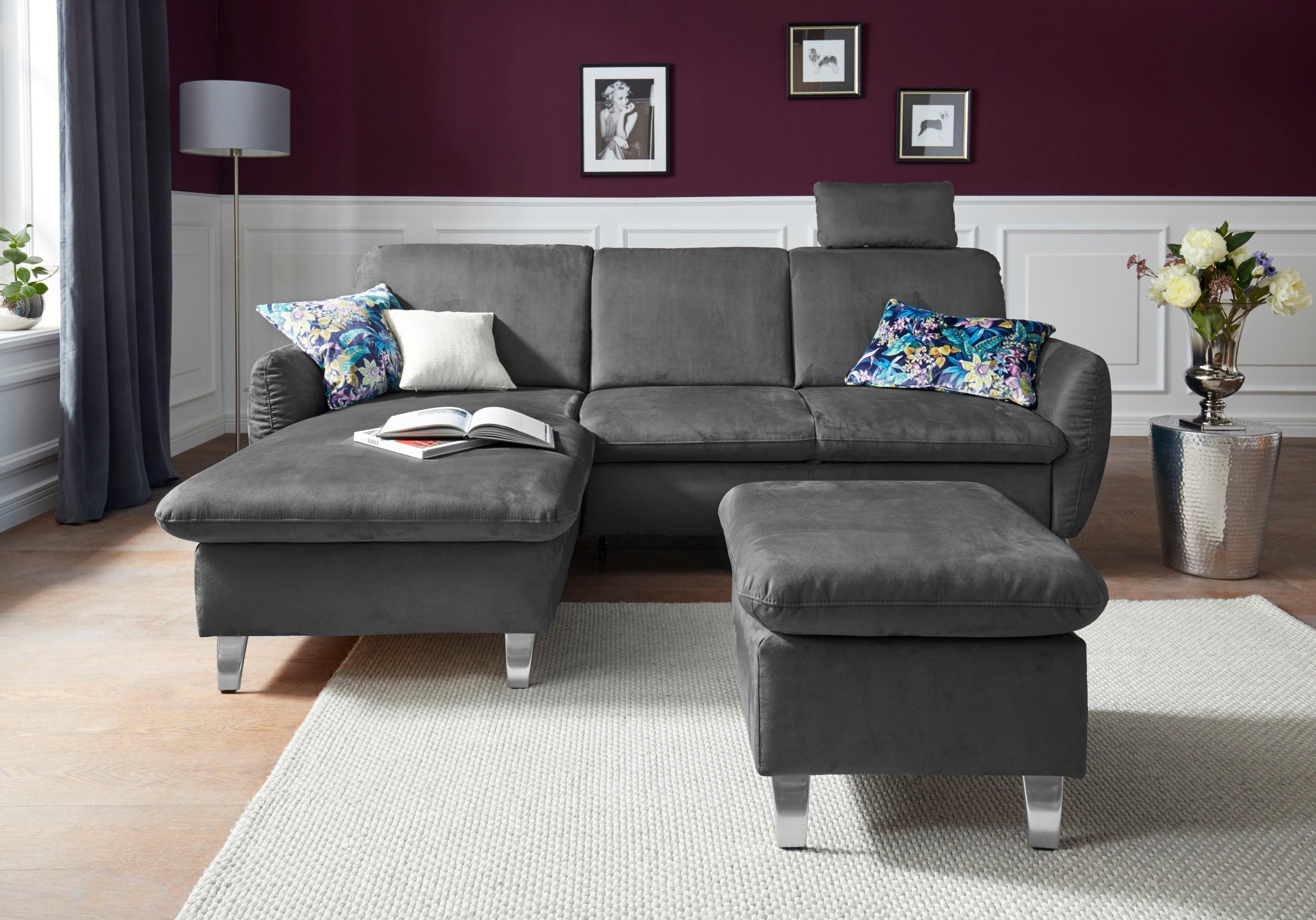 Ecksofa SIT & MORE "Daytona L-Form", grau (graphit), B:245cm H:93cm T:164cm, Sofas, Ecksofa, mit Federkern, einer Kopfstütze und wahlweise mit Bettfunktion