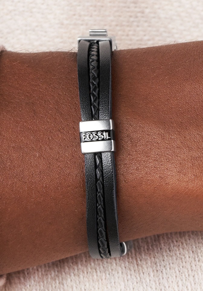 Armband FOSSIL "Schmuck Geschenk Edelstahl Leder VINTAGE CASUAL", schwarz (edelstahlfarben, schwarz), Armbänder, Damen, 19,5cm, Edelstahl Leder, Edelstahl, Leder, Armband 6