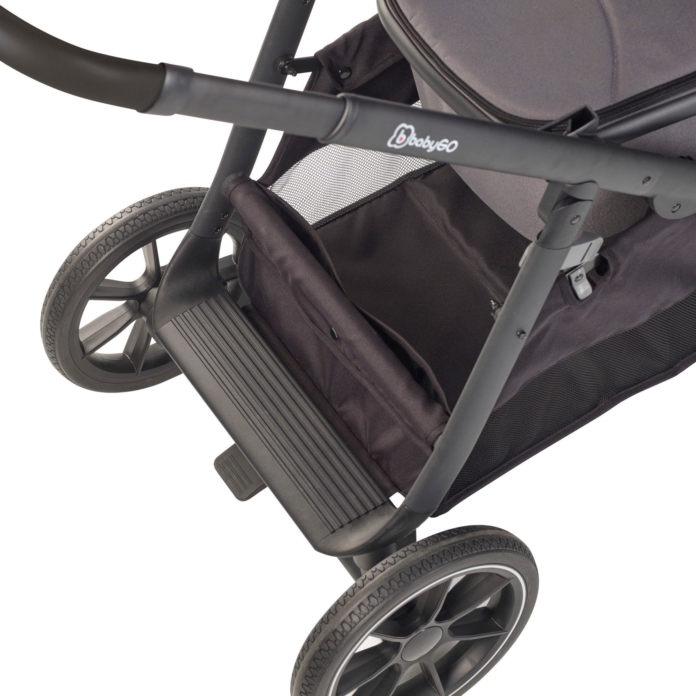 BabyGo Zwillings-Kombikinderwagen »Duo Mega Set, grau«, inkl. 2 Babyschalen mit Adapter, Wickeltasche u. 2 Regenhauben