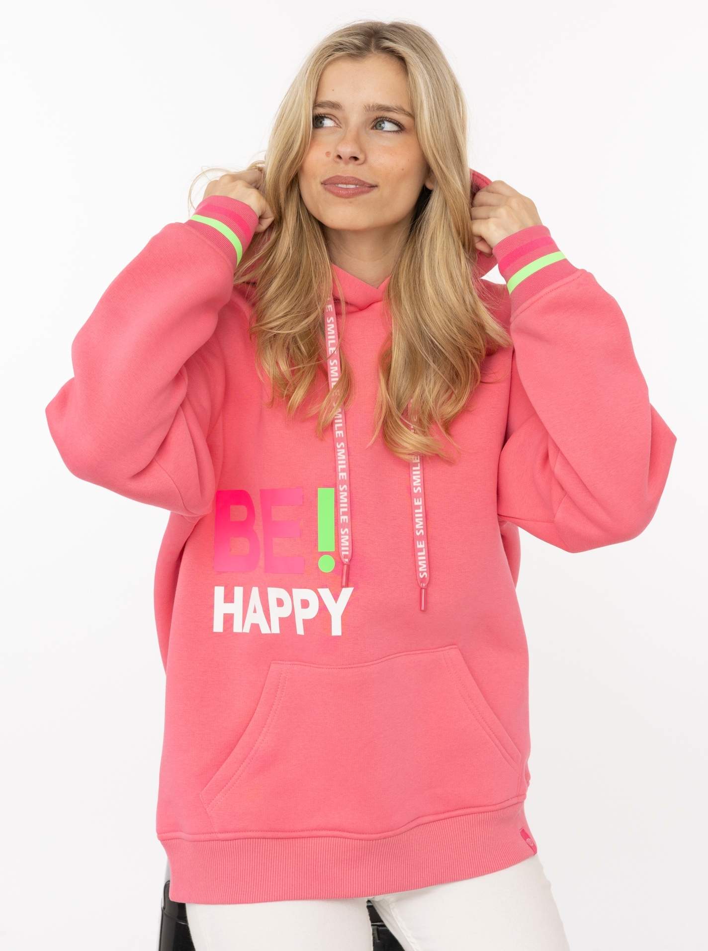 Zwillingsherz Hoodie ""Be Happy"", gestreifte Bündchen, Aufdruck auf Brust, Kapuze, Kängurutasche