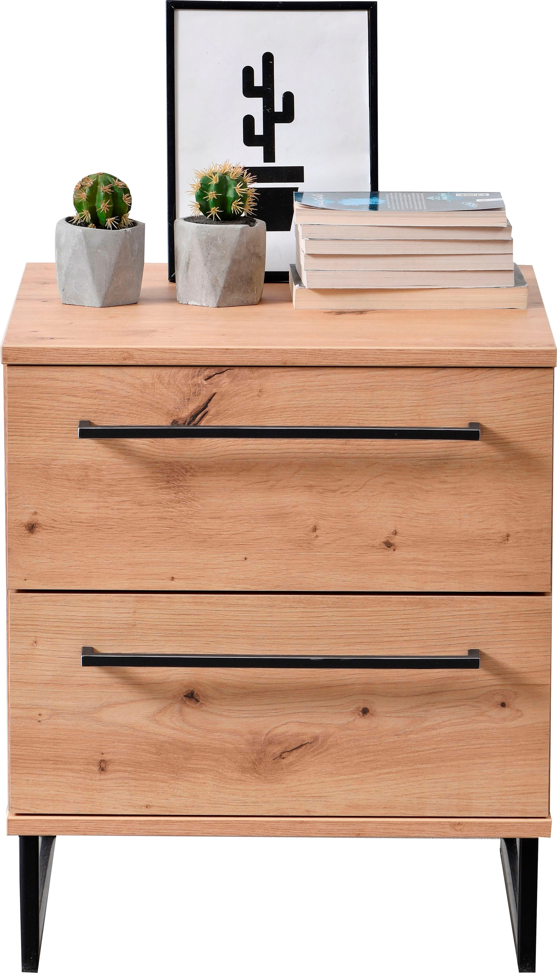 Home affaire Nachtkommode "Sardinia, Nachtschrank, Maße (B/T/H): 45,5/35/54 cm" FSC-zertifizierter Holzwerkstoff, mit 2 Schubladen, Metallgriffe und Metallfüße in Kufenform