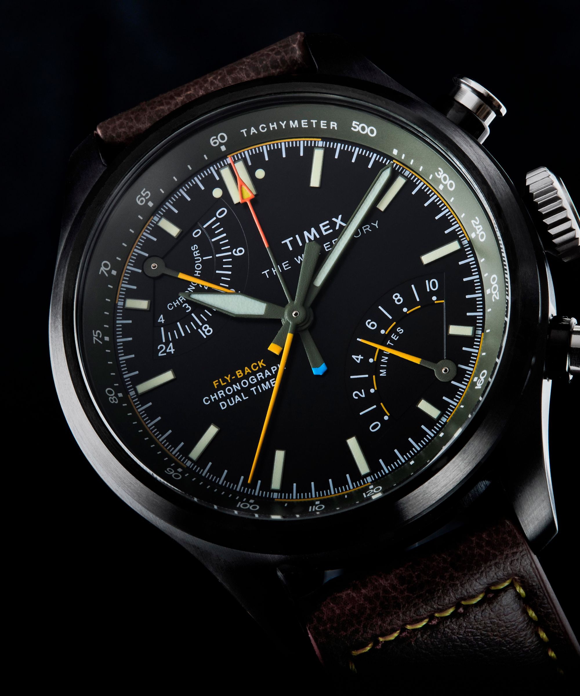 Timex Quarzuhr »Waterbury Ace Fly-Back Chronograph« Armbanduhr, Herrenuhr, Lederarmband, analog, Beleuchtung