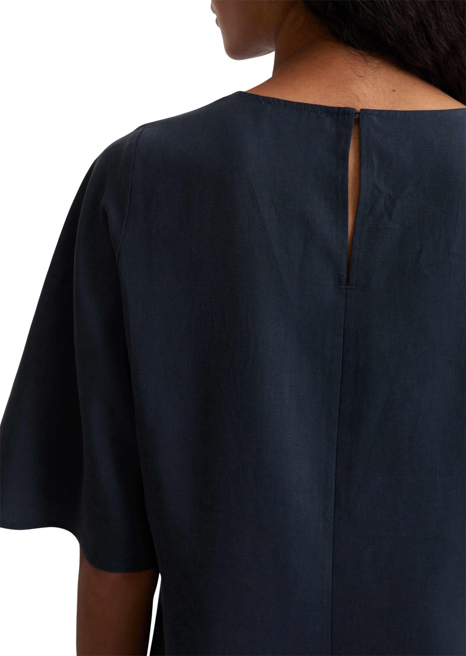 Midikleid MARC O'POLO "aus TENCEL™ Lyocell-Leinen-Mix", Damen, Gr. 42, Normalgrößen, blau (m886), Obermaterial: 90% Lyocell, 10% Leinen, unifarben, weit kurz, Rundhals, Kleider Midikleid 3