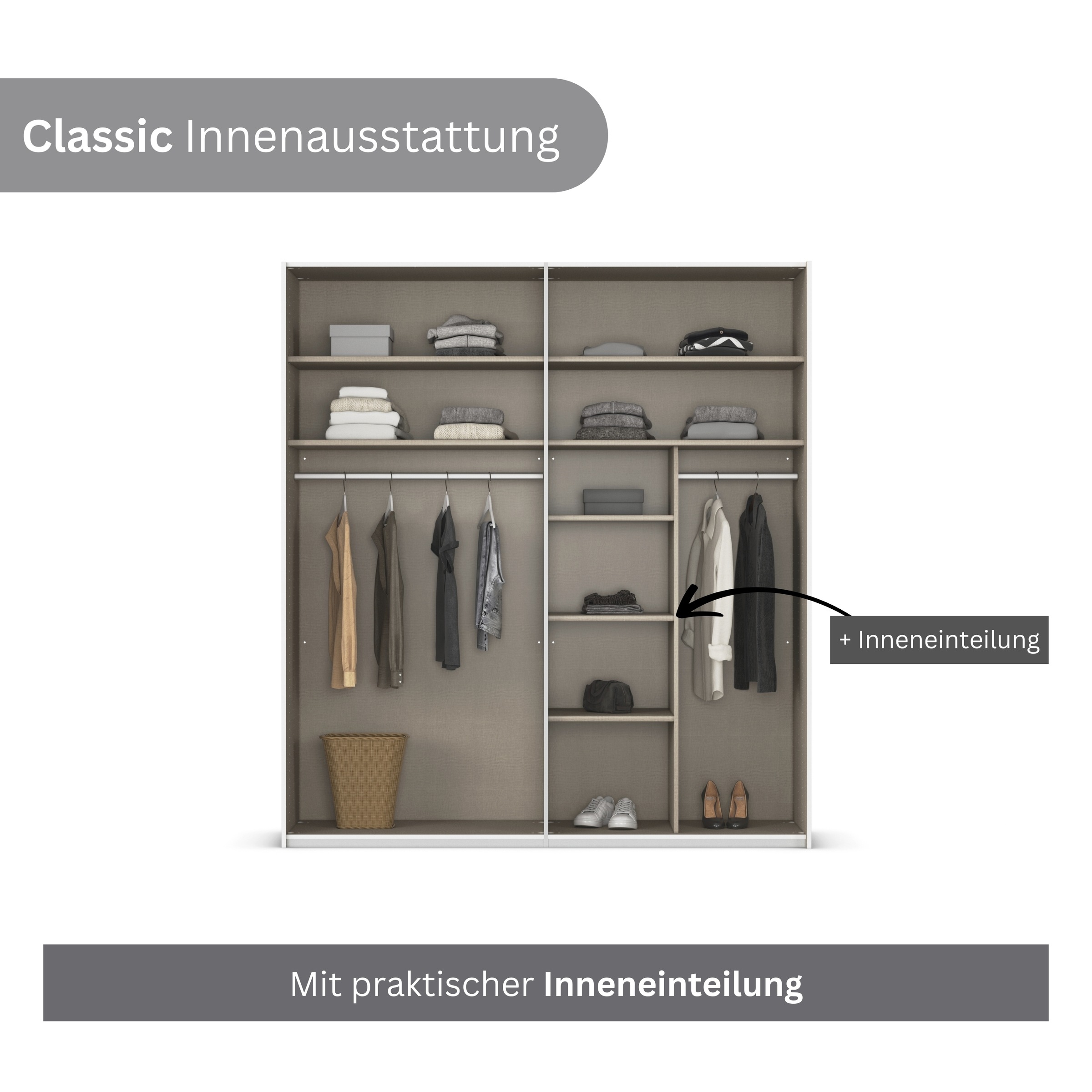 rauch Schwebetürenschrank »Kleiderschrank Schrank Garderobe Schlafzimmerschrank CONTIDO«, (in 3 verschiedenen Ausstattungen BASIC/CLASSIC/PREMIUM), aus hochwertigem Material in 6 Breiten 2 Griff-Farben MADE IN GERMANY