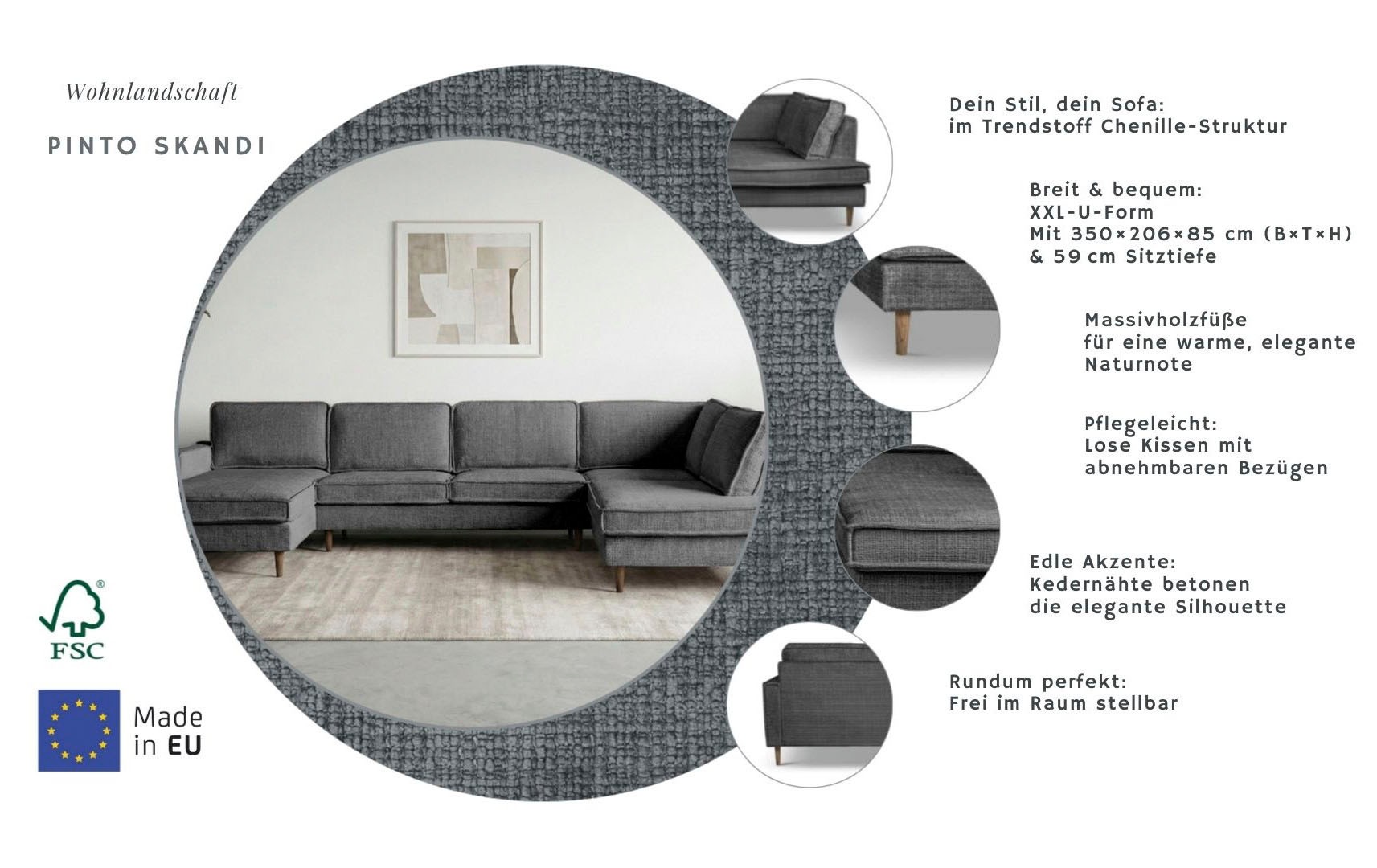 Thumbnail - Home affaire Wohnlandschaft "Pinto Skandi, 350 cm, U-Form, XXL, mit Ottomanen" mit Keder, Massivholzfüße Eiche geräucher...