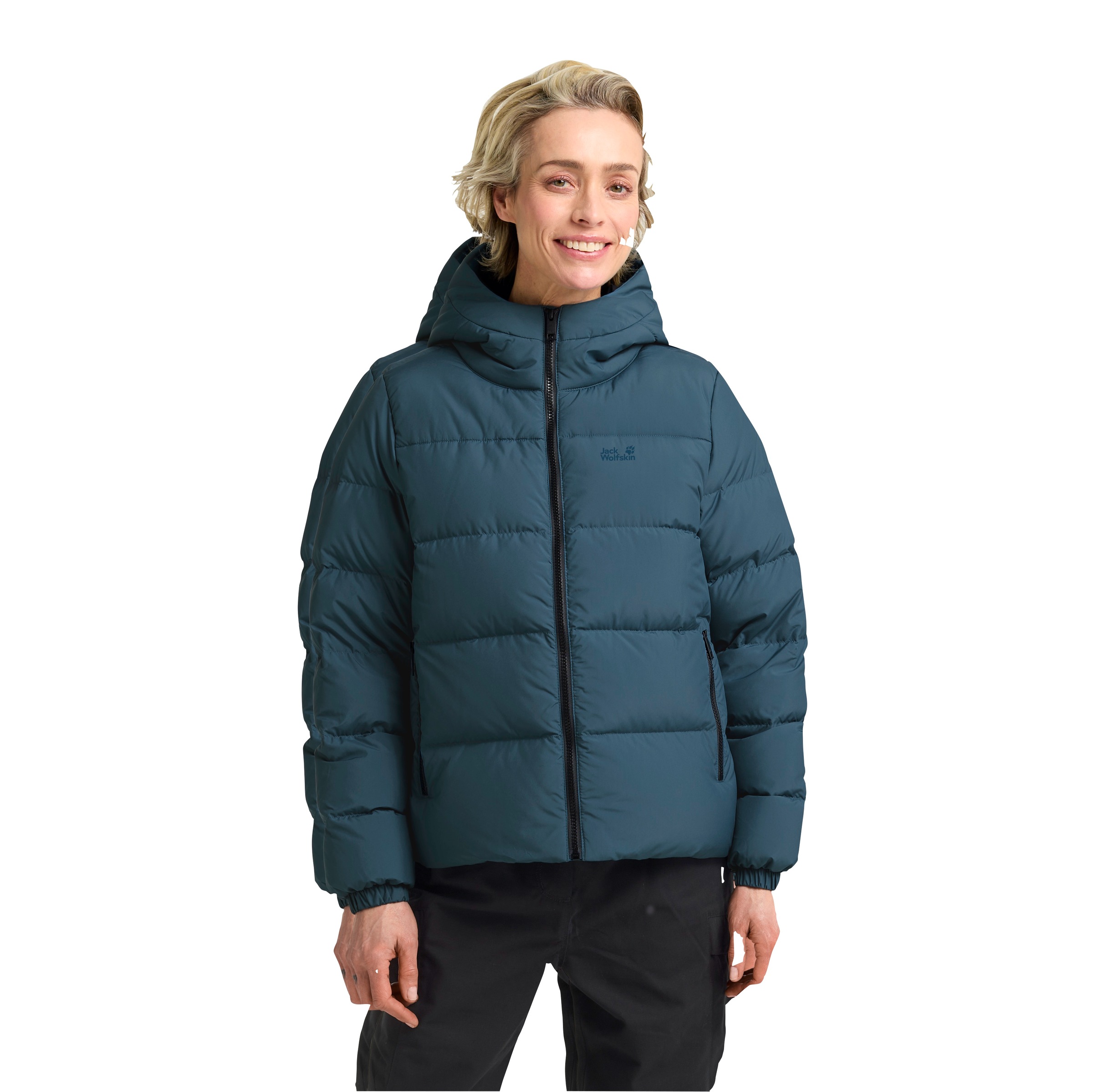 Daunenjacke JACK WOLFSKIN "Frozen Palace Jkt W Rds", Damen, Gr. L, aluminium bl, Obermaterial: 100% Polyester. Futter: 100% Polyester. Wattierung: 90% Entendaune, 10% Federn, normal, Jacken Daunenjacke, für Wandern und Trekking, mit Entendaune und Federn 