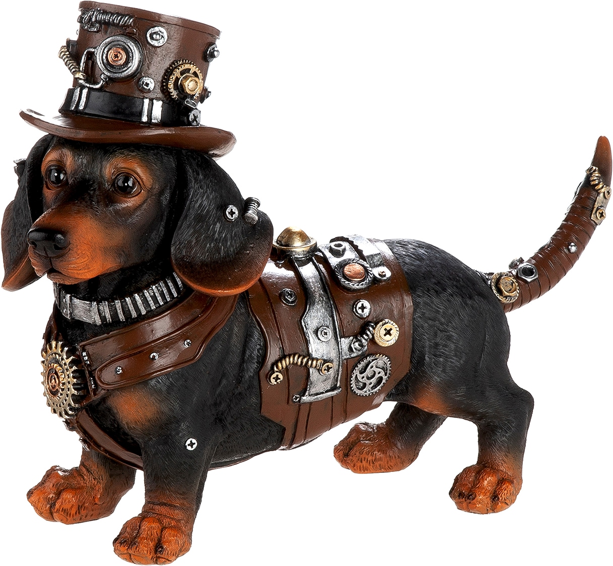 GILDE Skulptur "Figur Dackel Steampunk Dachshund" Dackel Hundeskulptur Steampunk-Stil Zahnräder Hut Fantasiefigur