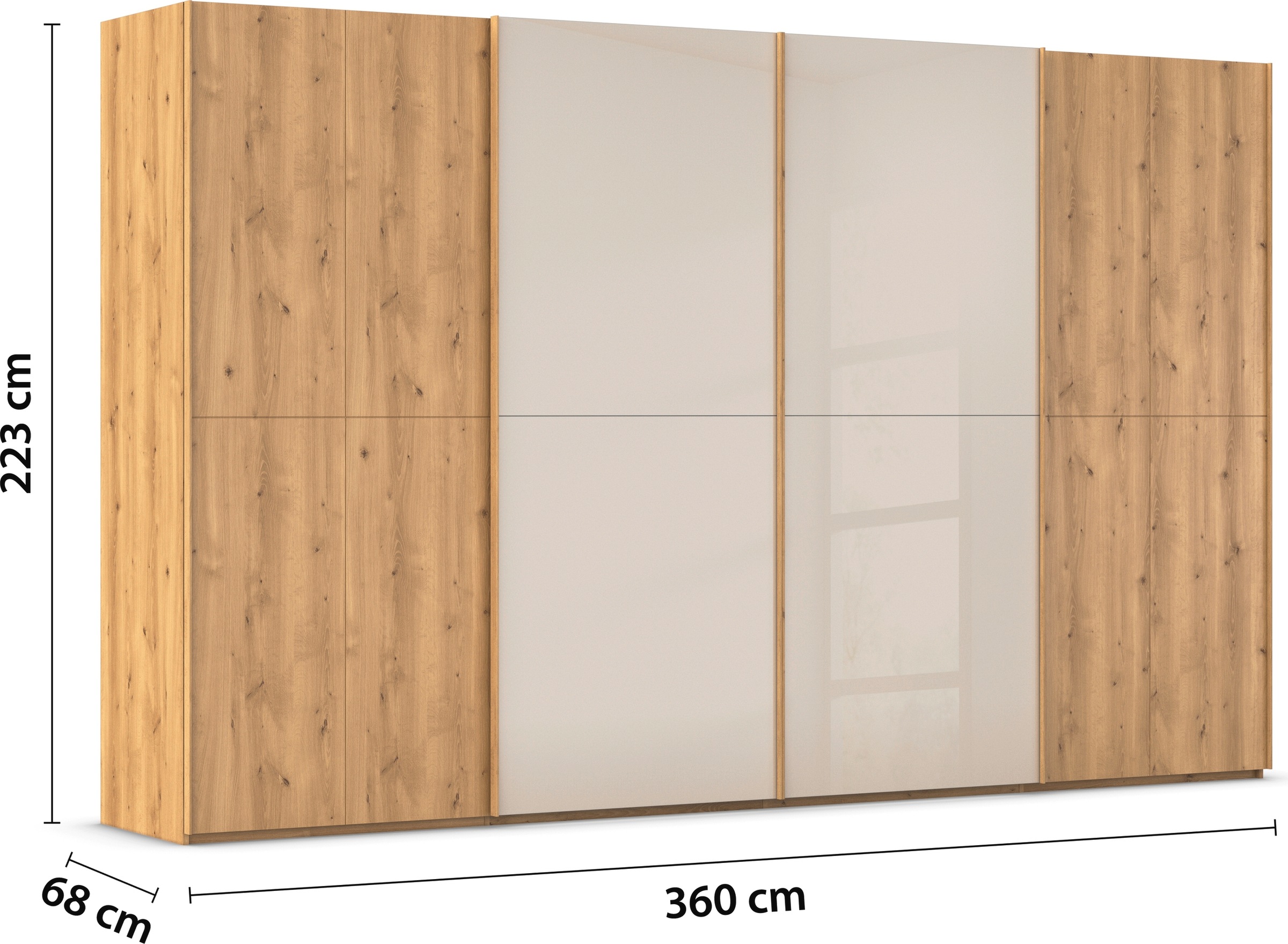 rauch Schwebetürenschrank »Kleiderschrank Schrank Garderobe Schlafzimmerschrank SCALE-WOOD«, edle geteilte Front in massiver Asteiche mit Glastüren MADE IN GERMANY