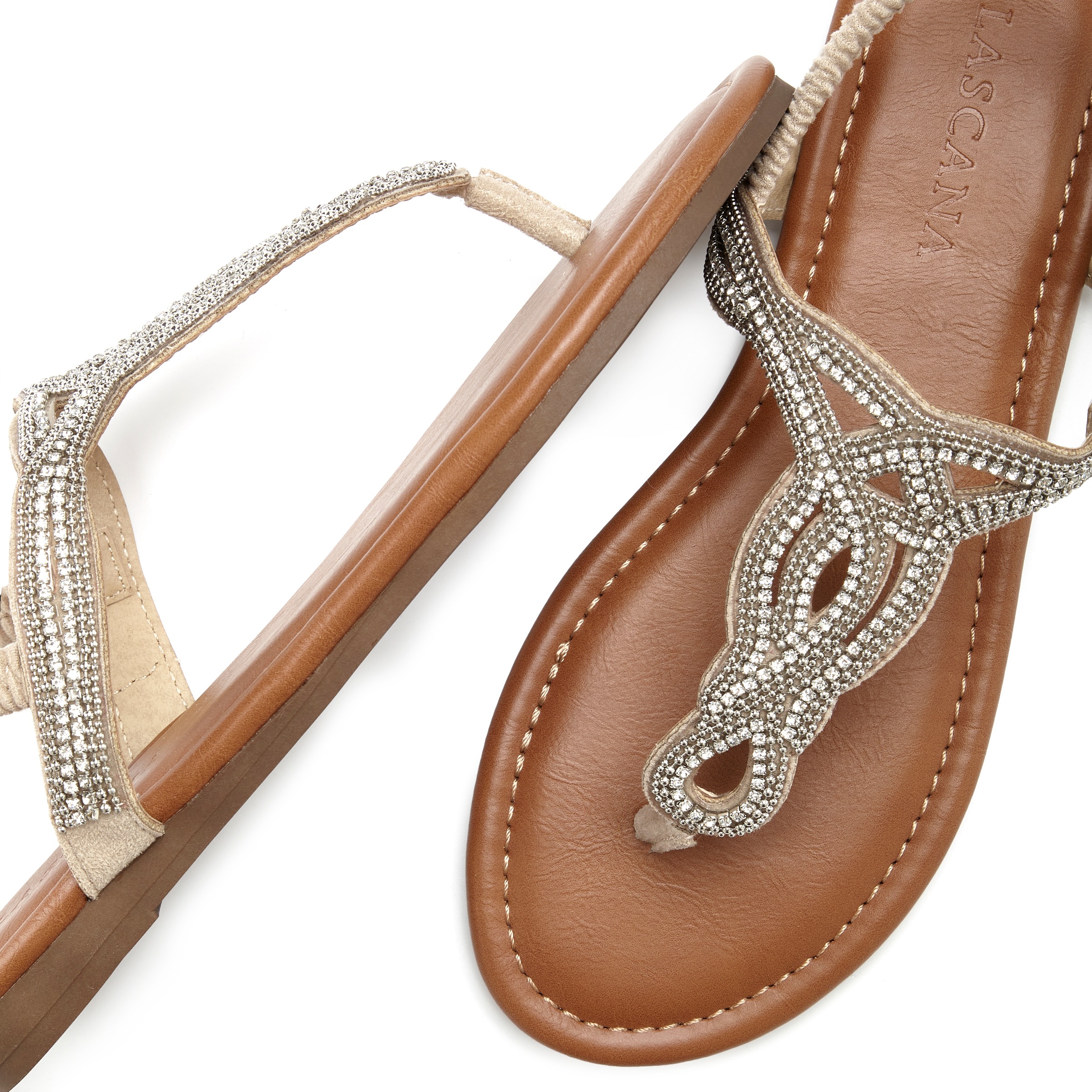 Zehentrenner LASCANA, Damen, Gr. 42, beige, Obermaterial: 100% Textilmaterial. Decksohle: 100% Lederimitat. Futter: 100% Lederimitat. Laufsohle: 100% Synthetik, Glitzer, bestickt, Schuhe Zehentrenner, Sandale, Pantolette mit Schmucksteinen in Glitzer-Opti 3
