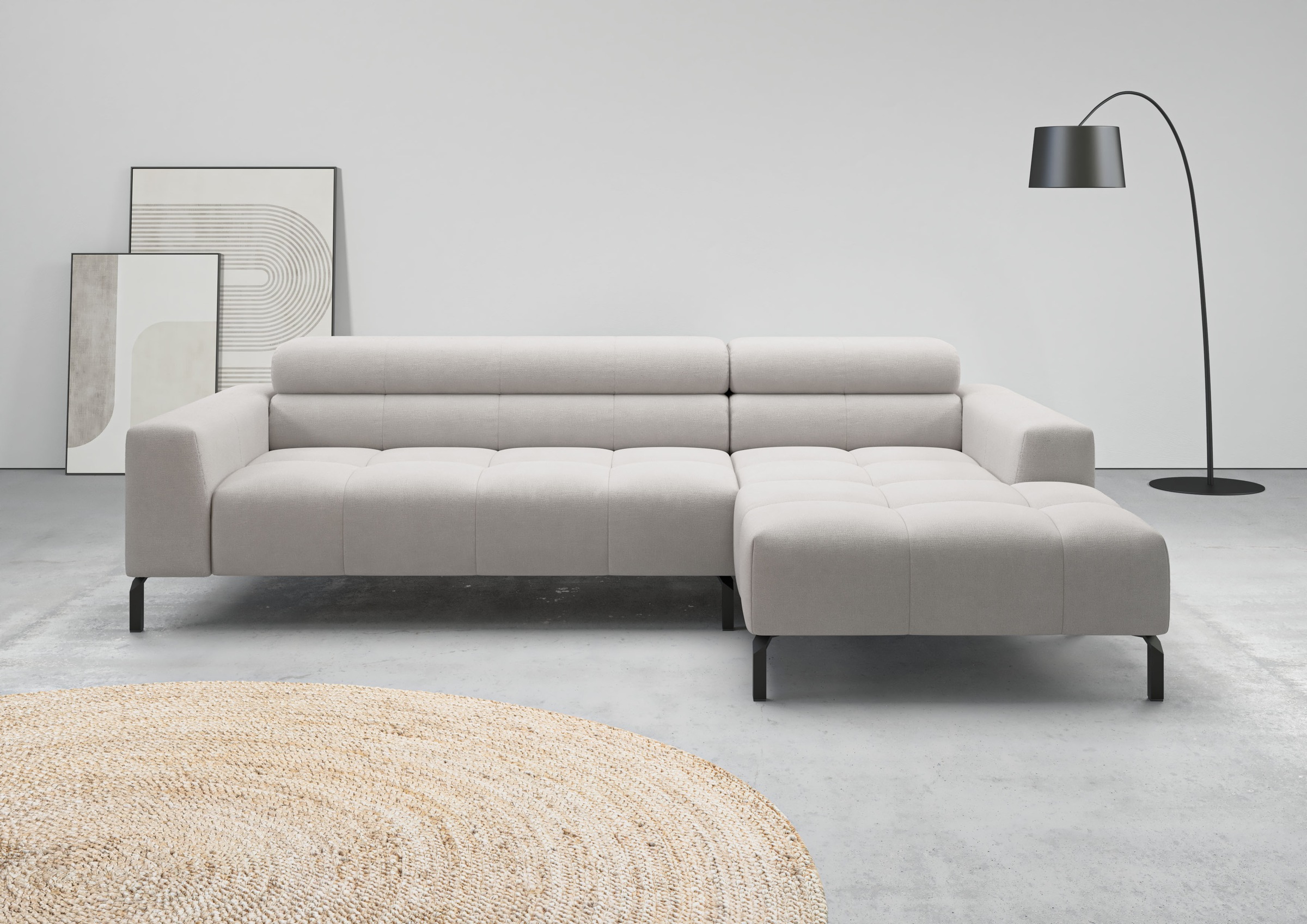 Ecksofa HOME AFFAIRE "Ecksofa Claya, L-Form, Kopfteilverstellung, Breite 258 cm", light grau, B:258cm H:71cm T:179cm, 100% Polyester, Sofas, Ecksofa, Moderne Steppung, weicher Polsteraufbau & saugroboterfreundliche Höhe 10