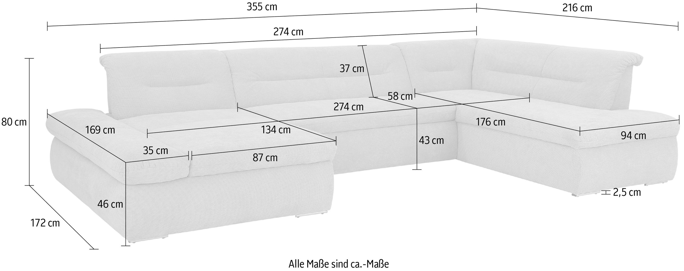 INOSIGN Wohnlandschaft »Avesa U-Form«, Wahlweise mit Armteilverstellung und Bettfunktion, B/T/H: 355/216/80cm