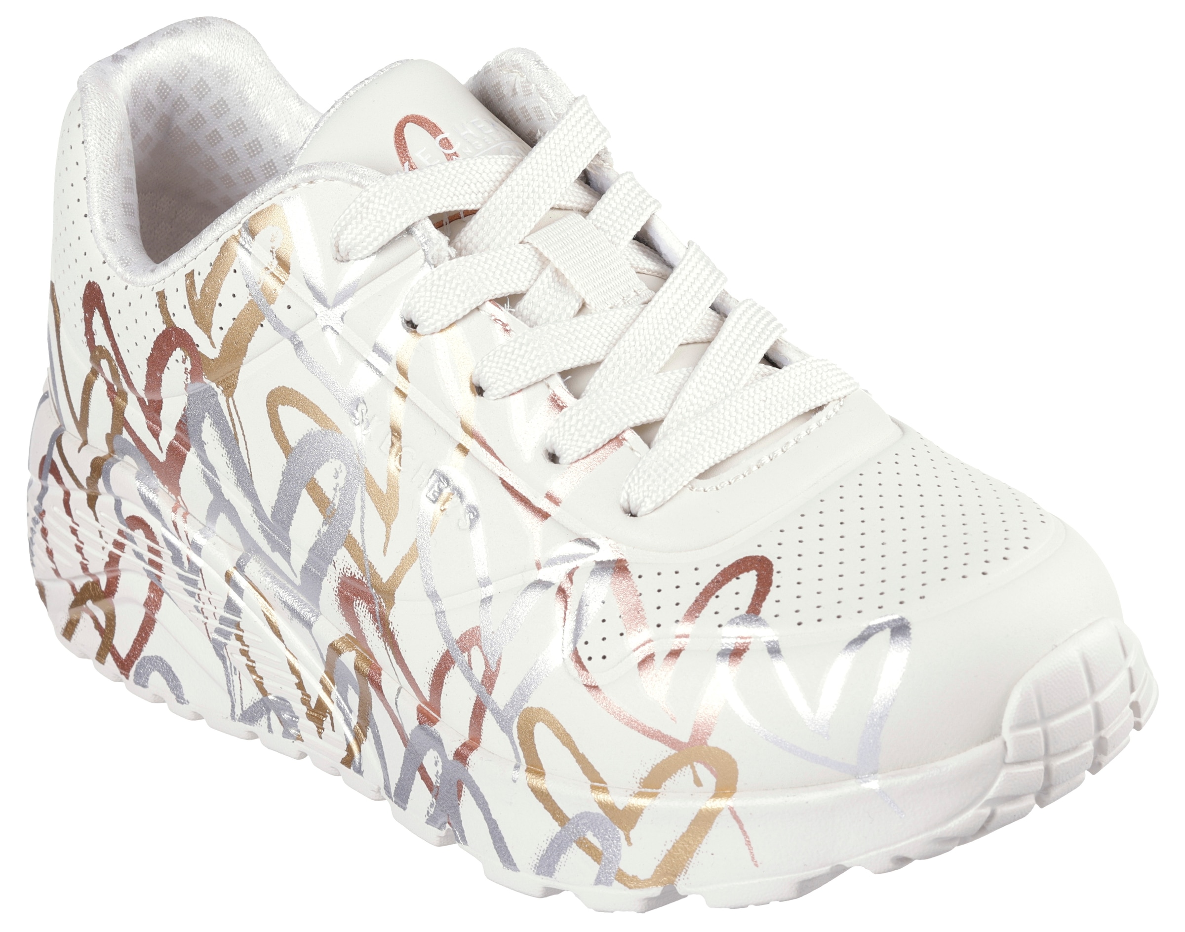 Skechers Kids Plateausneaker »Skechers x JGoldcrown: Uno Lite - Metallic Love«, Schnürschuh, Keilsneaker mit Herzchen im Metallic Look bedruckt