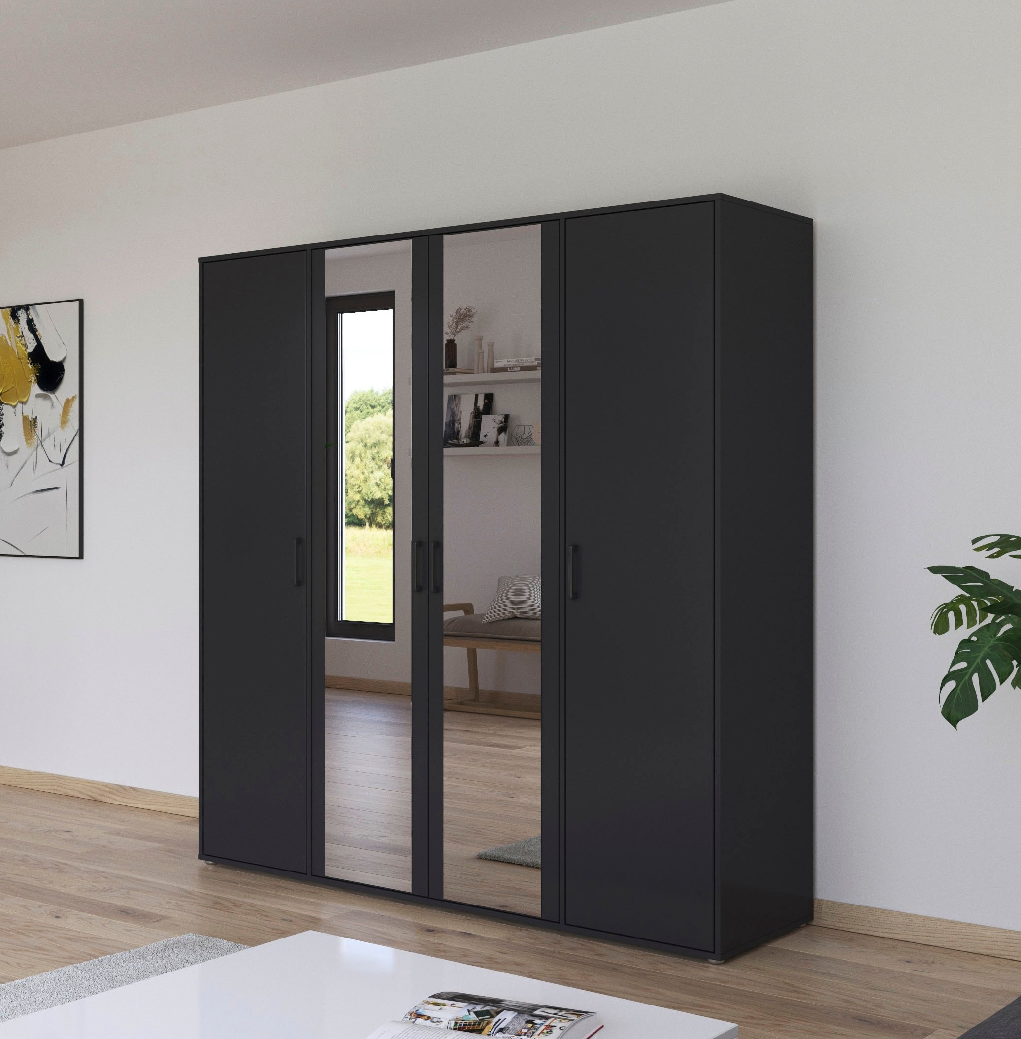rauch Drehtürenschrank »Kleiderschrank Schrank Garderobe Wäscheschrank VOYAGER«, (in 3 verschiedenen Ausstattungen BASIC/CLASSIC/PREMIUM), mit modernen Griffen in Graumetallic und Spiegel