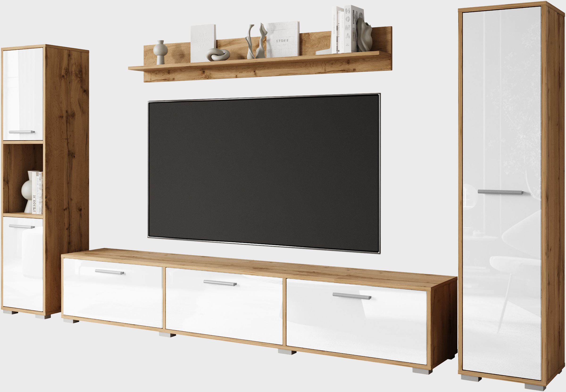 INOSIGN Wohnwand »BOGOTA XL, Vitrine Türanschlag links/rechts wechselbar«, (Komplett-Set, 4 St.), viel Stauraum, hängend und stehend montierbar