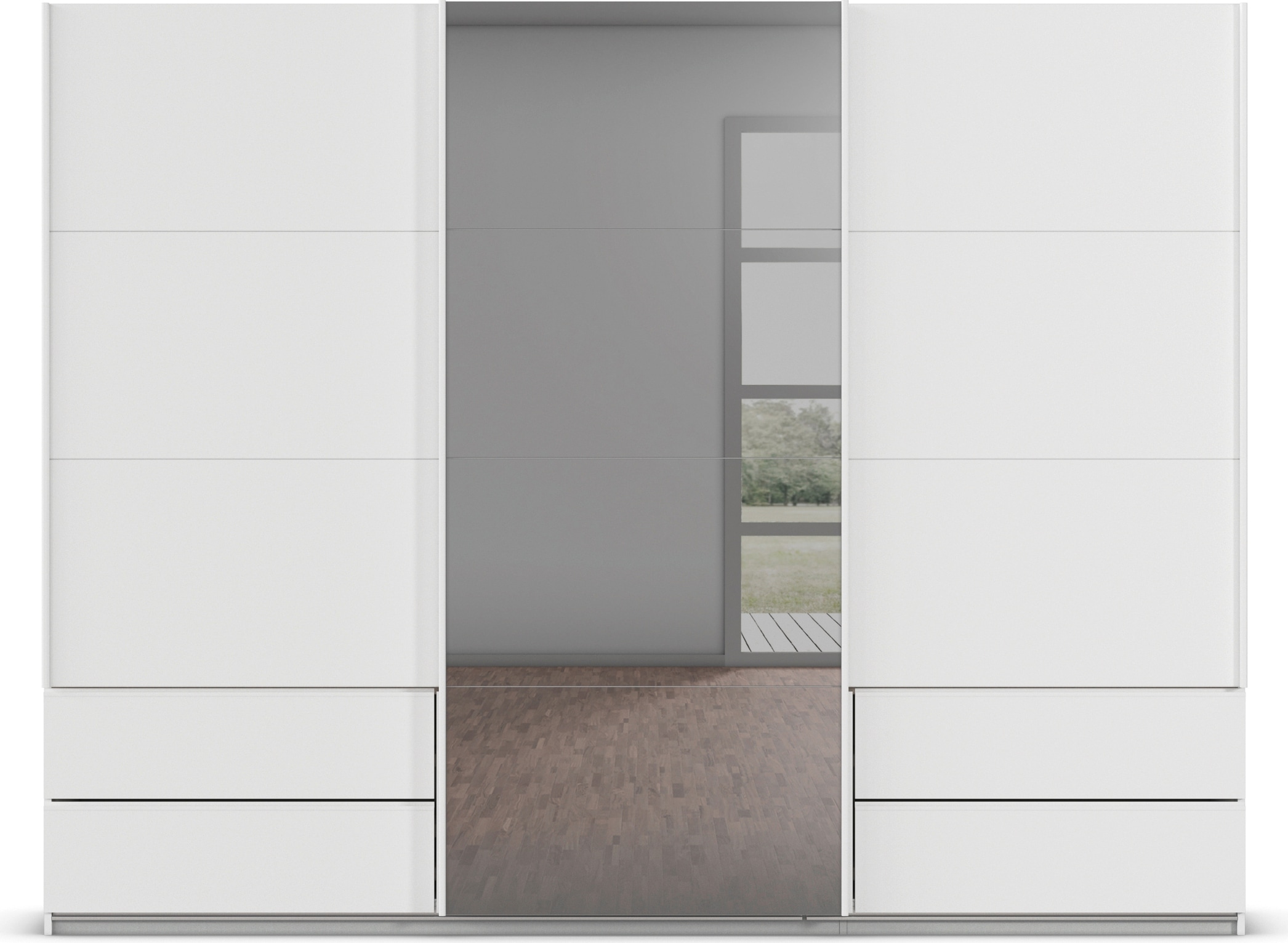 rauch Schwebetürenschrank »Kleiderschrank Schrank Garderobe ELARA Glastür/Grauspiegel«, praktische Schubladen optional farblich abgesetzt MADE IN GERMANY