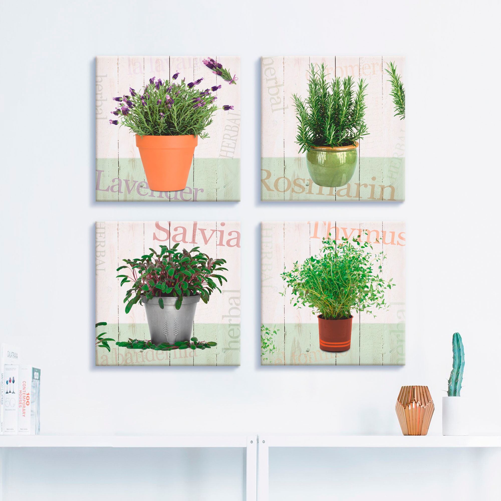 Artland Leinwandbild "Lavendel, Rosmarin, Salbei, Thymian" Pflanzen 4 Stk. günstig online kaufen