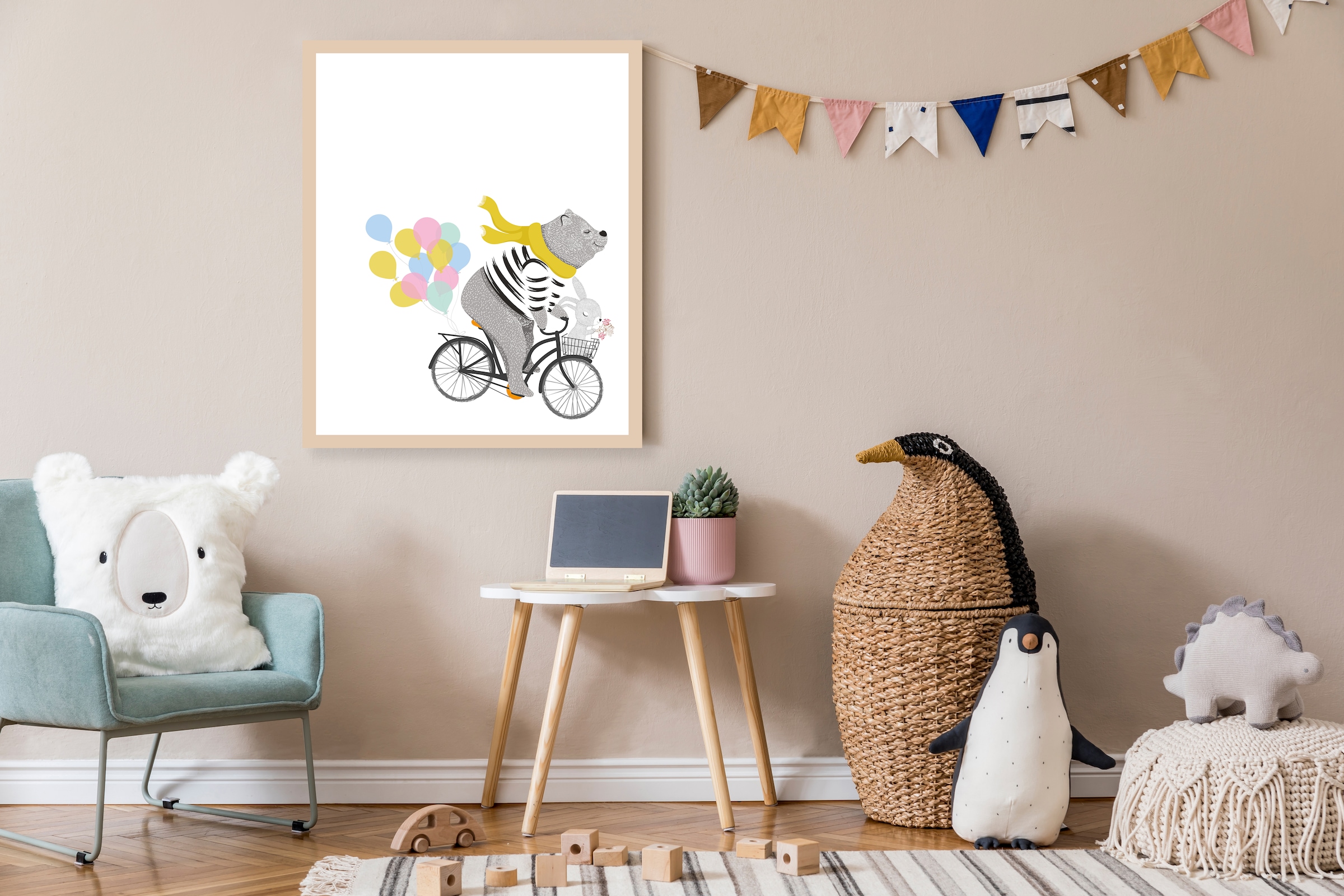 Lüttenhütt Bild mit Rahmen »Bär mit Hase auf Fahrrad«, Fahrräder-Fahrzeuge-Fantasy-Luftballon-Tiere, (1 St.), Premium Rahmenbild, Motive in wunderschönen Pastelltönen